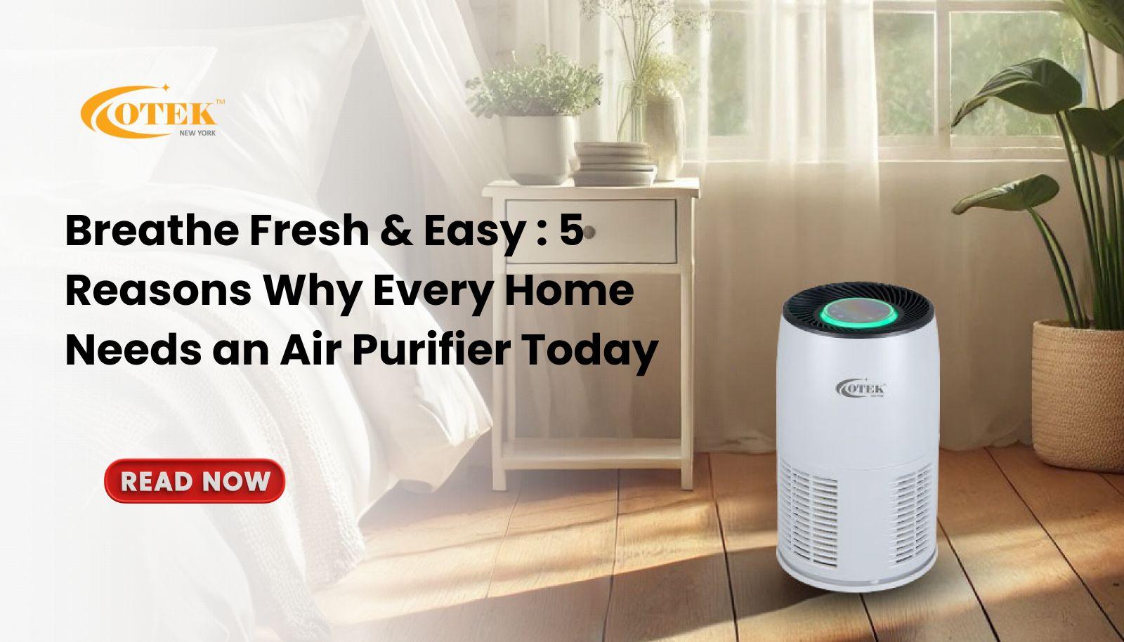 White air purifier in sunlit bedroom near nightstand and houseplants, promoting clean air