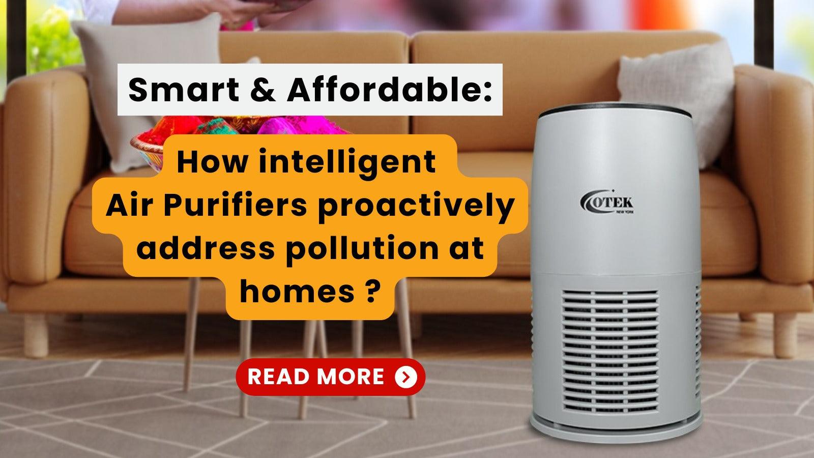 Modern air purifier in a living room with brown sofa, promoting clean indoor air