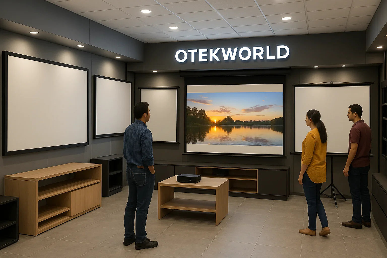 Modern showroom with people viewing various projection screens and a projector display