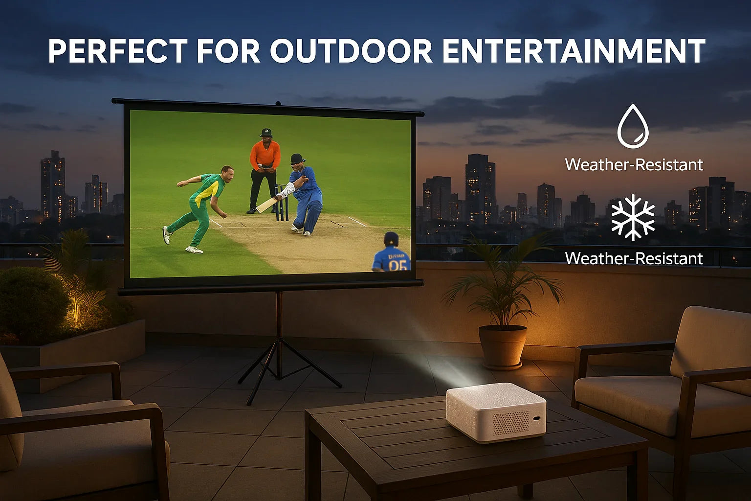 LED EPIC projector with built-in speakers providing immersive sound and stunning picture quality