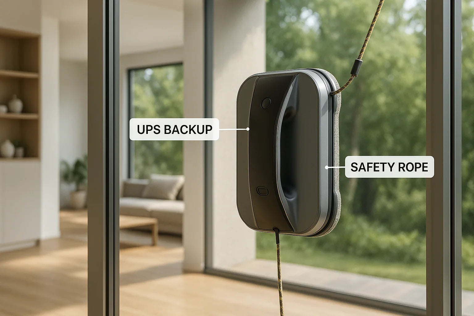 Modern window cleaner working on a showroom glass wall with laser-guided cleaning pattern