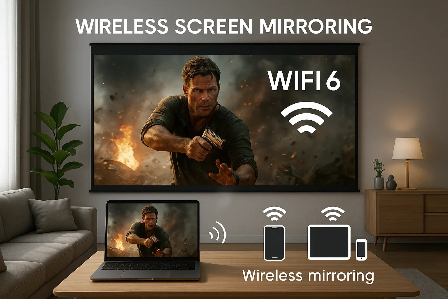 Living room setup showing wireless screen mirroring from laptop to projector using WiFi 6