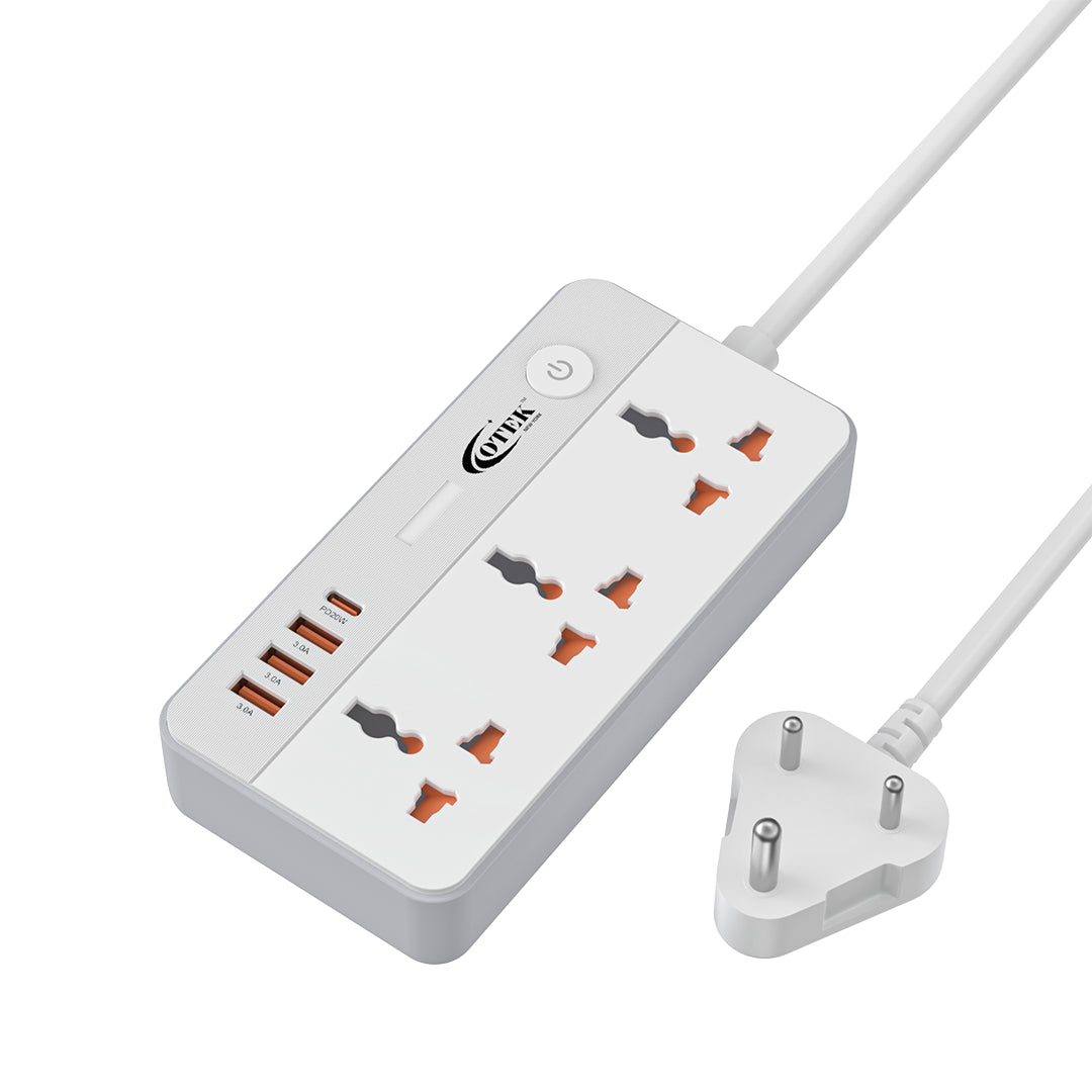 Otek World VoltSafe 331 extension board showing its 3 AC outlets and a 2-meter long cord, suitable for office and home use