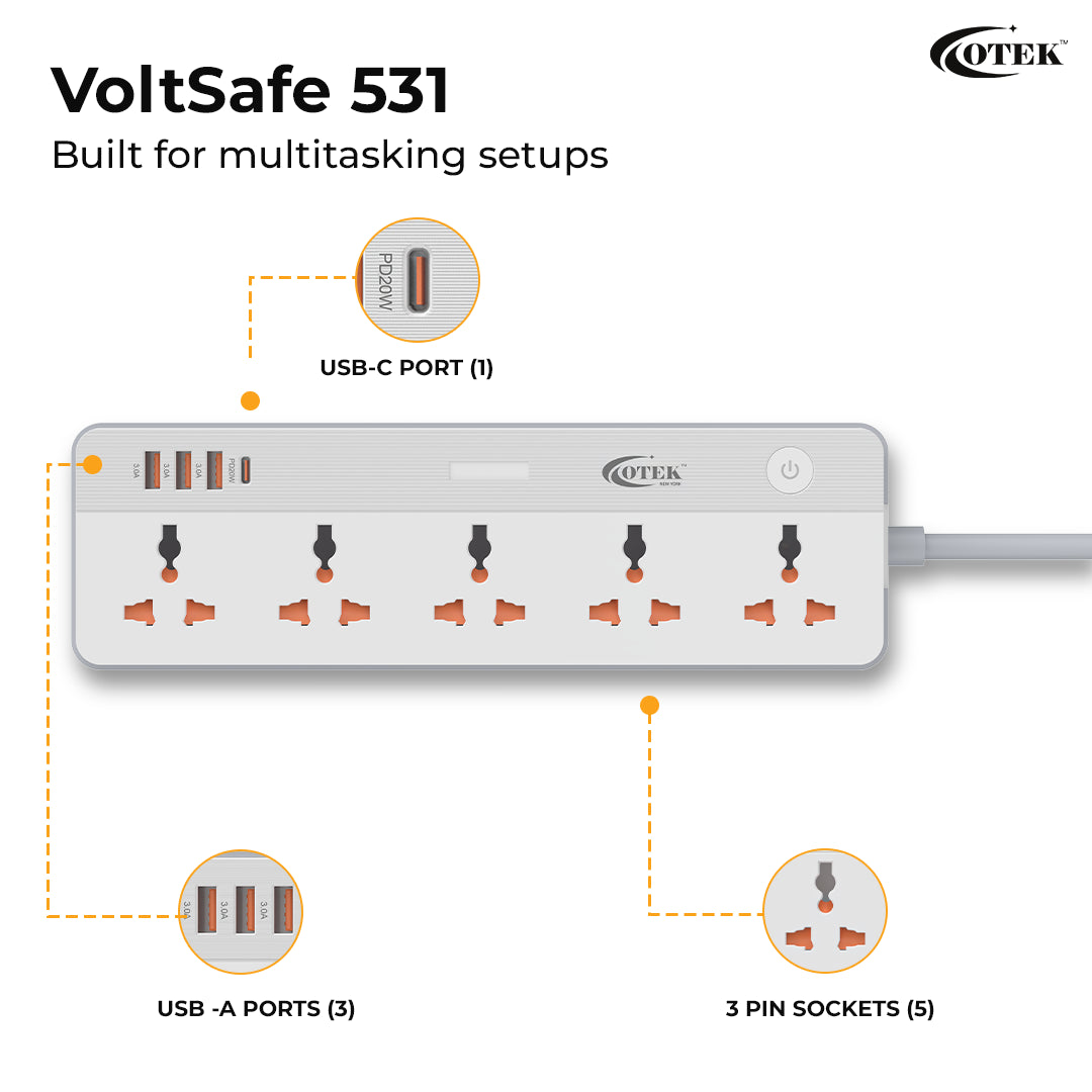 Close-up of the Otek World VoltSafe 531, highlighting its five power outlets and durable multi-plug design