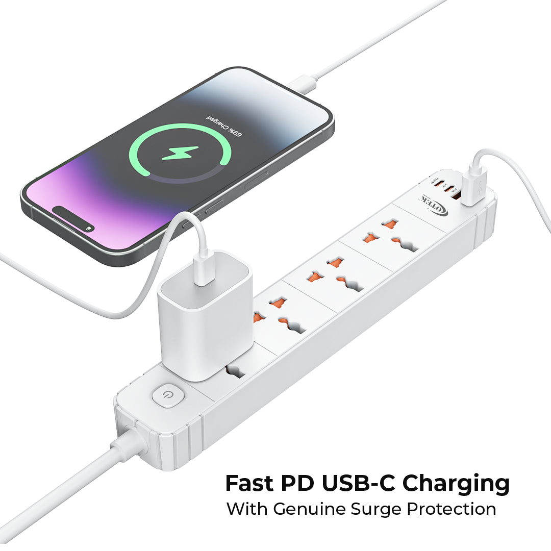 Otek VoltSafe 422 with a soft glow indicating its surge protection feature, emphasizing safety and protection for connected devices