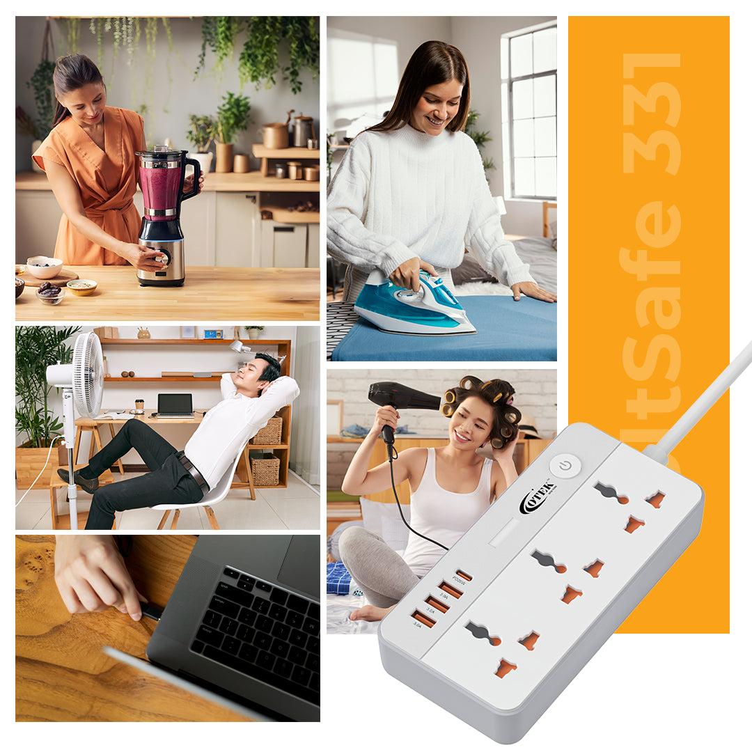 Otek World VoltSafe 331 extension board in a home office setup, with various devices plugged in, illustrating its versatile application
