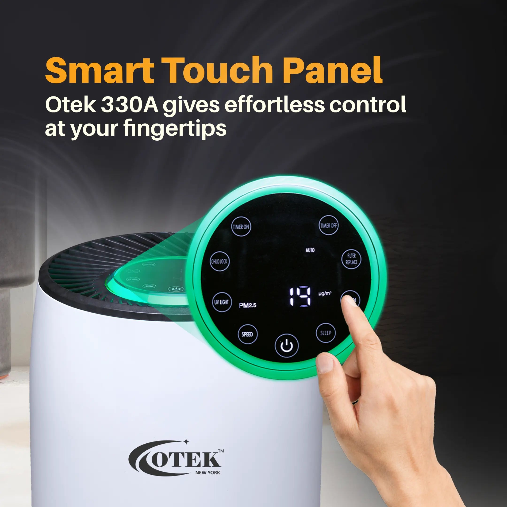 Compact and effective Otek World 330A Air Purifier with AQI display for real-time air quality monitoring.