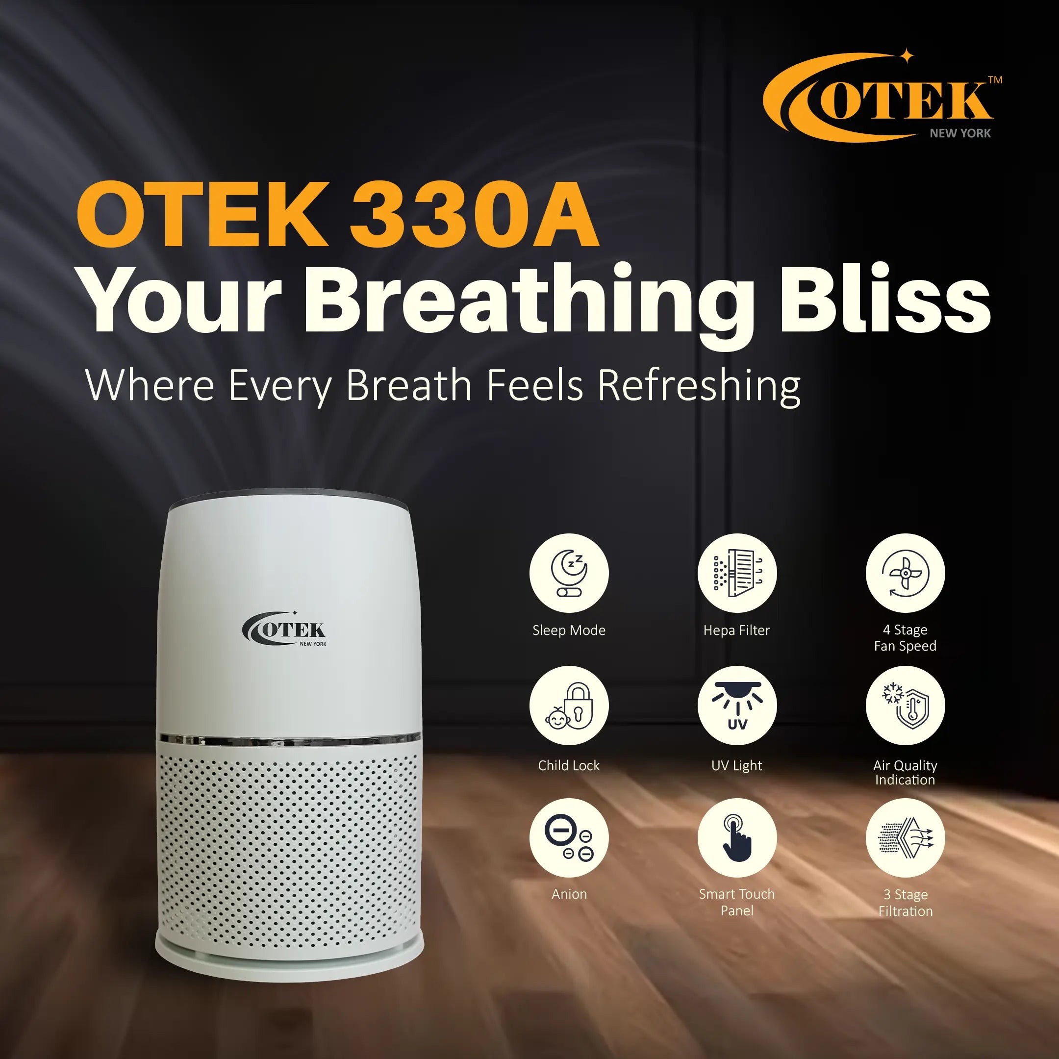 330A Air Purifier by Otek World featuring UV light and ionizer for clean and fresh air at home.