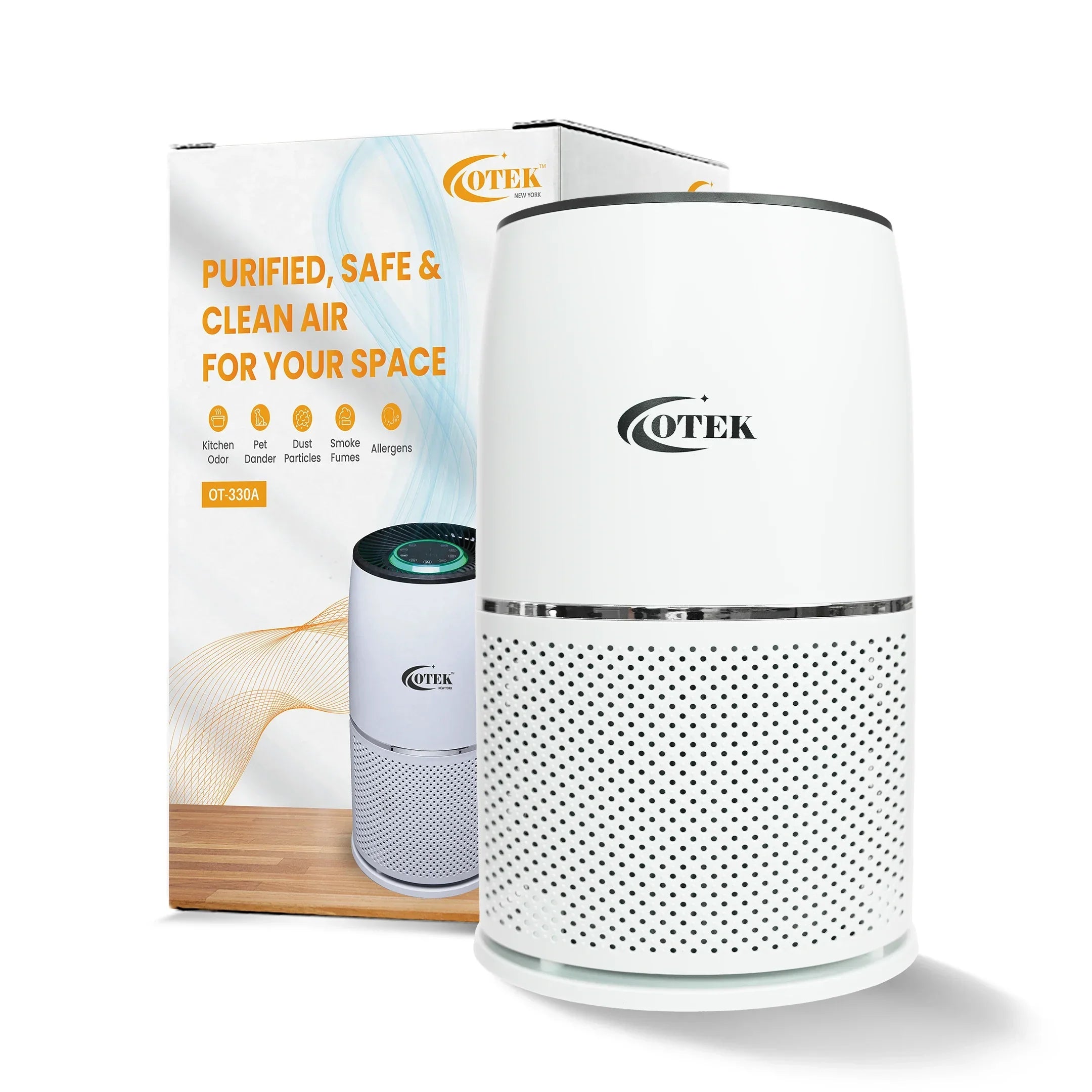 White air purifier with perforated design and box highlighting clean air benefits for dust and allergens.