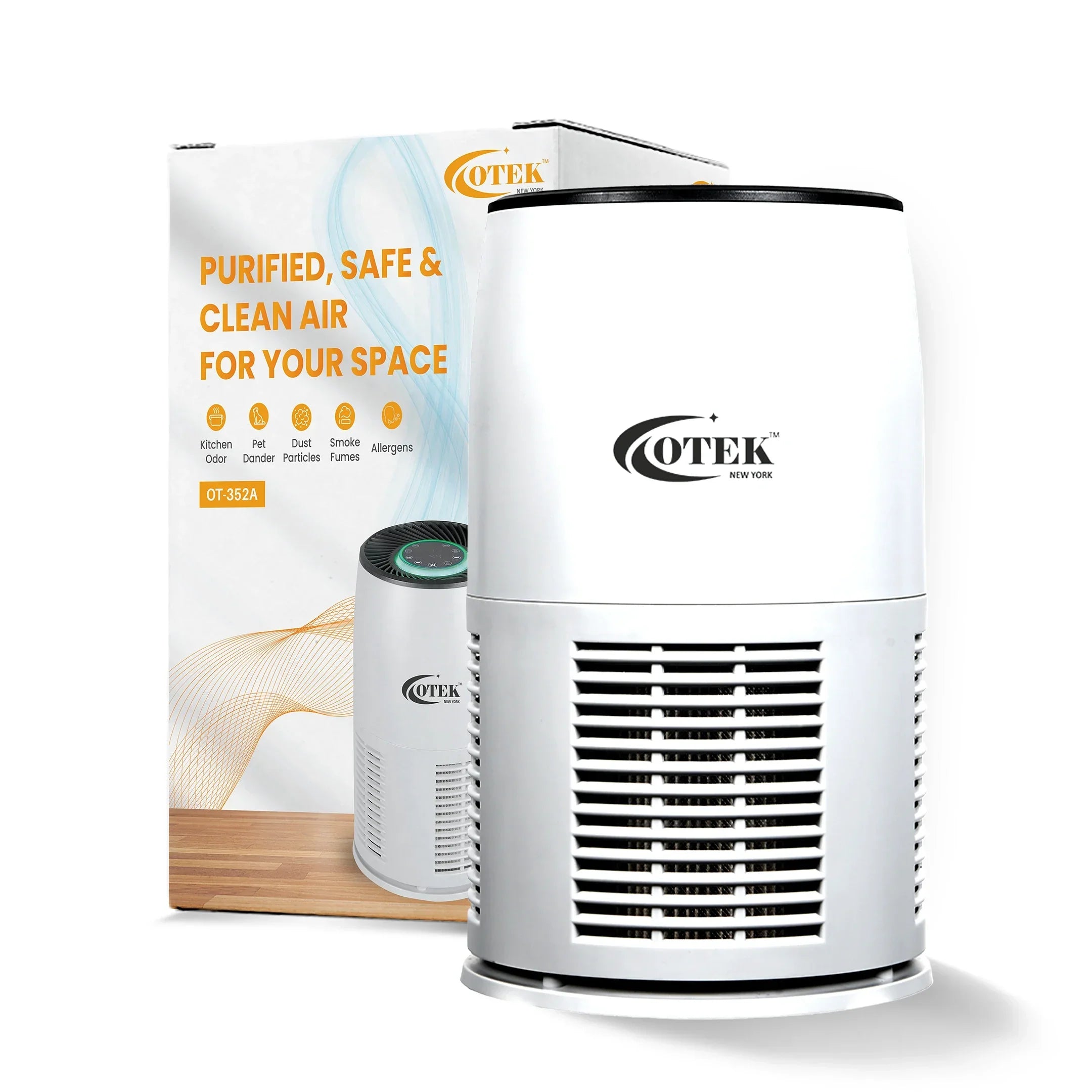 White cylindrical air purifier with control panel, shown with product box, removes odors and allergens