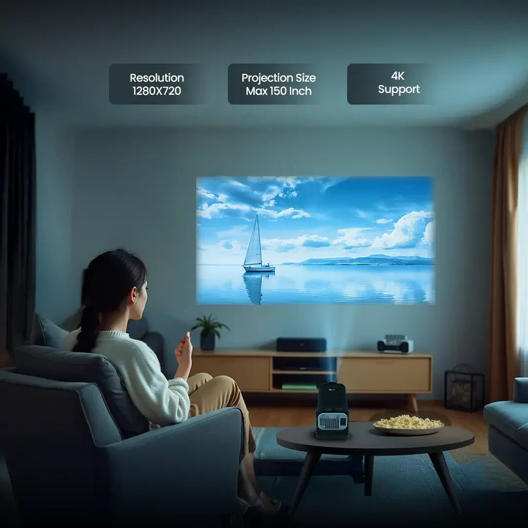 Woman watching a high-definition projector display in a modern living room with a large screen.