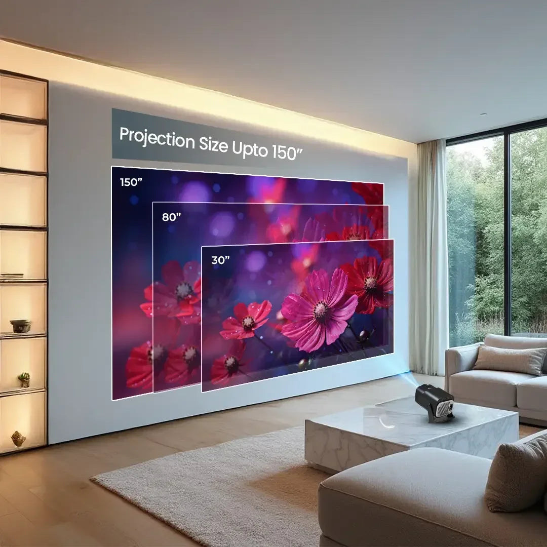 Modern living room with a home projector displaying vibrant flowers, showing projection sizes up to 150 inches on a wall.