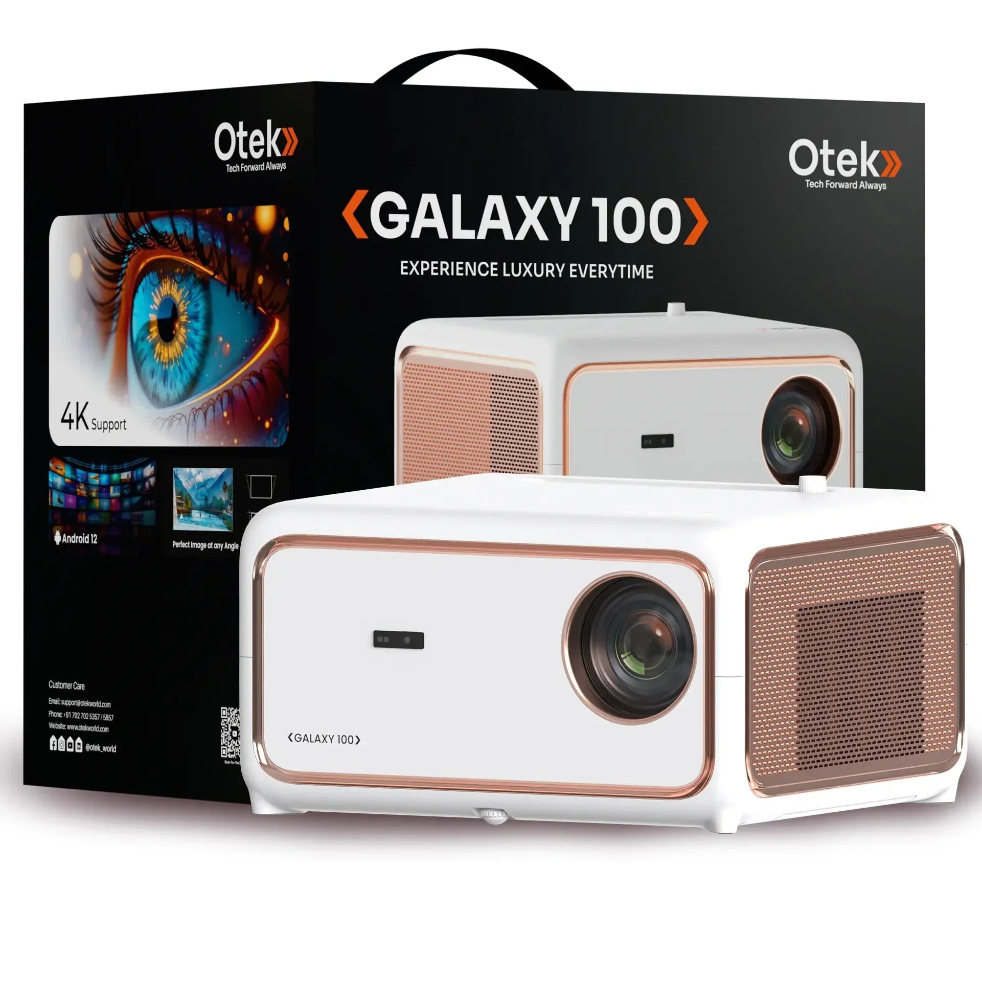White Galaxy 100 home projector with 4K support and smart features, in front of its box.