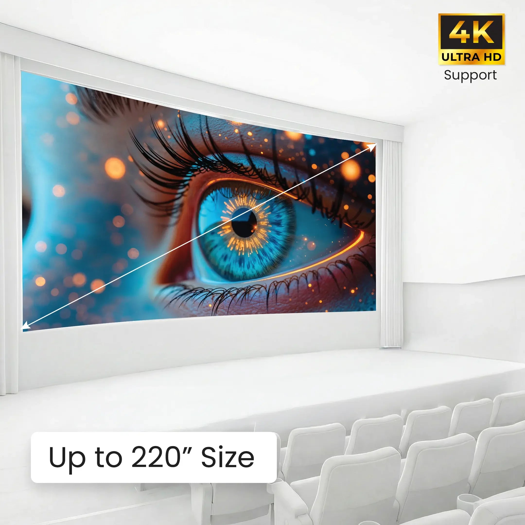 Large 4K Ultra HD home theater projector screen with vivid eye image, up to 220-inch size