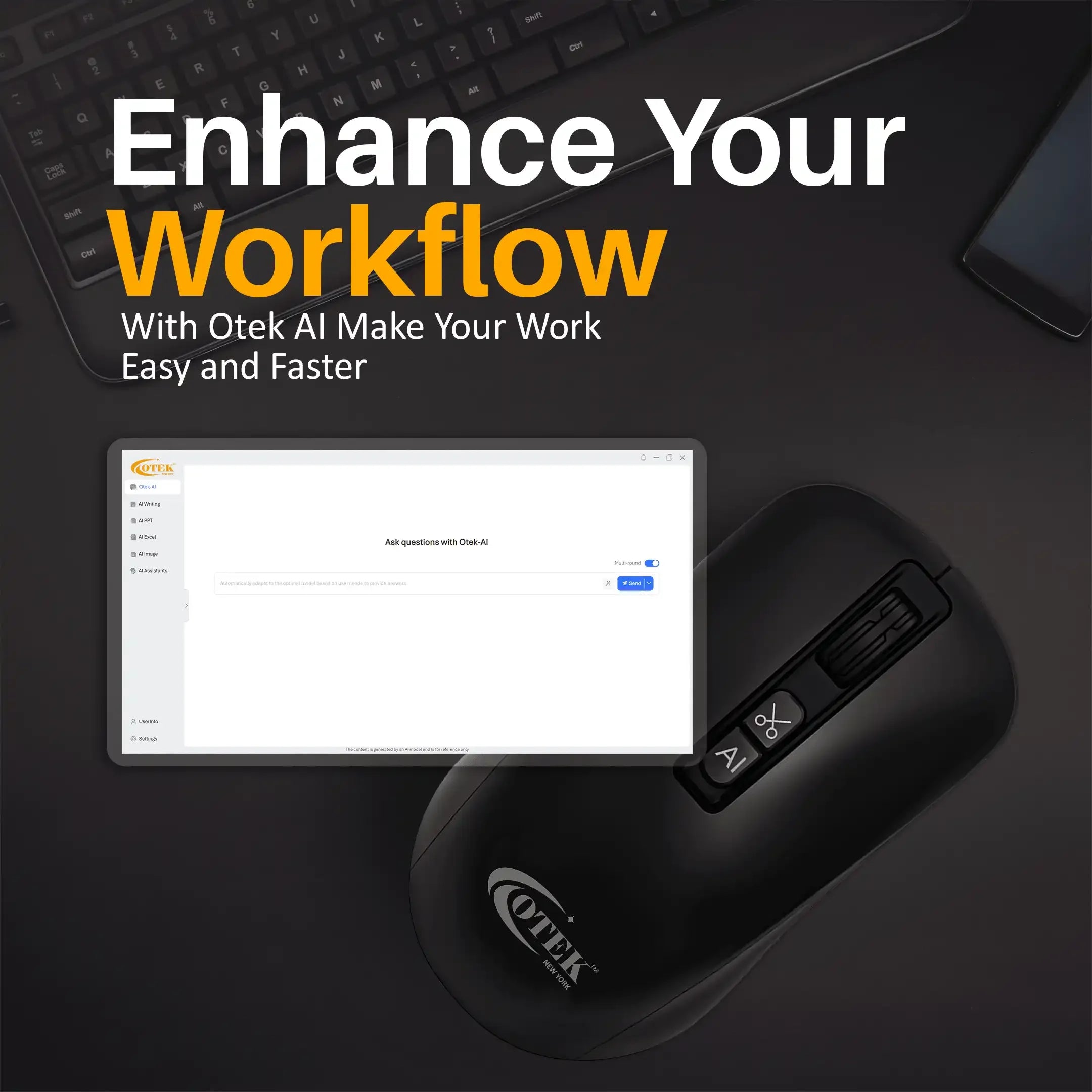 Otek World AI Mouse BM09 in black, supporting voice and text functionality for seamless workflows.