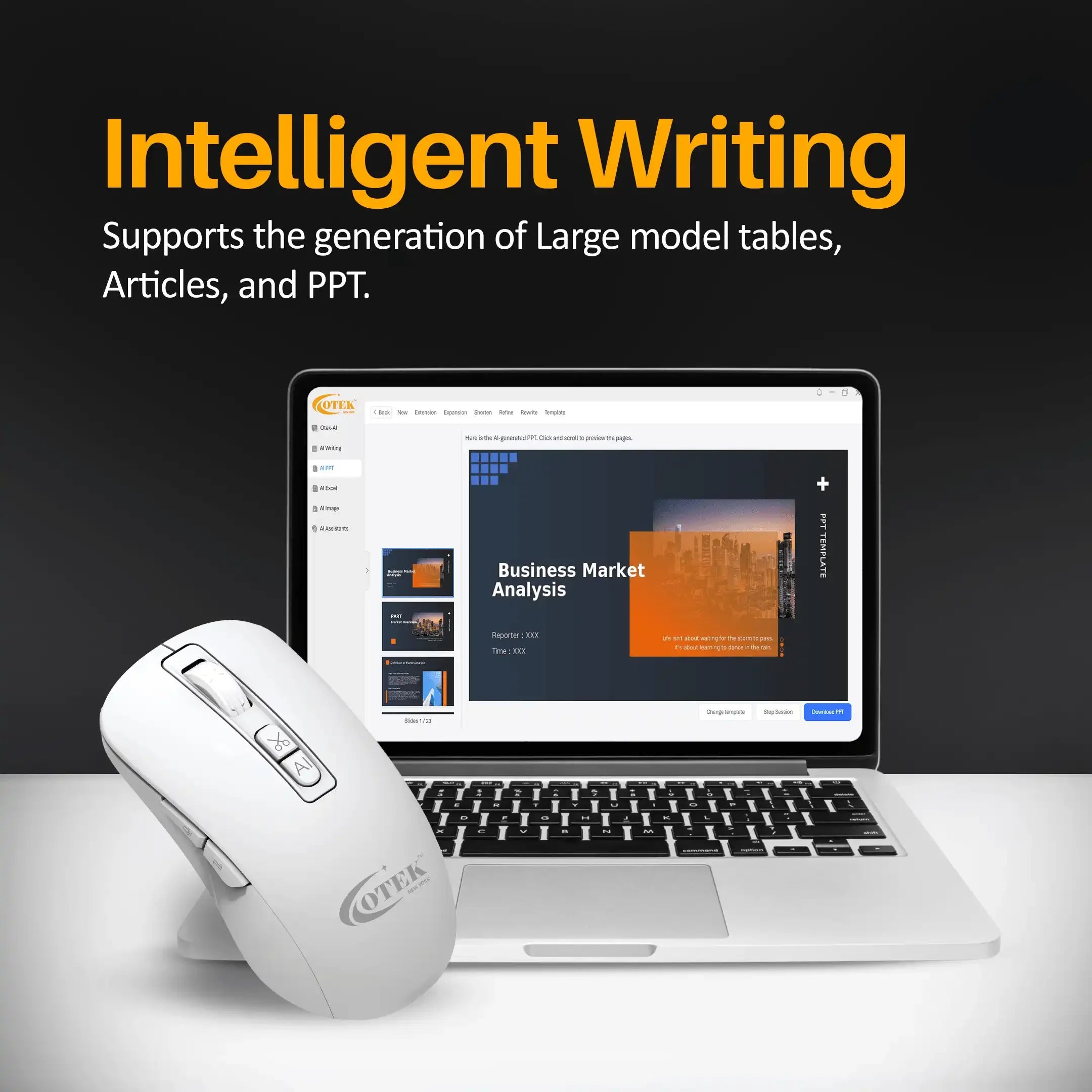 Otek World BM09 AI Mouse in white, perfect for multitasking with translation and AI-enhanced tools.