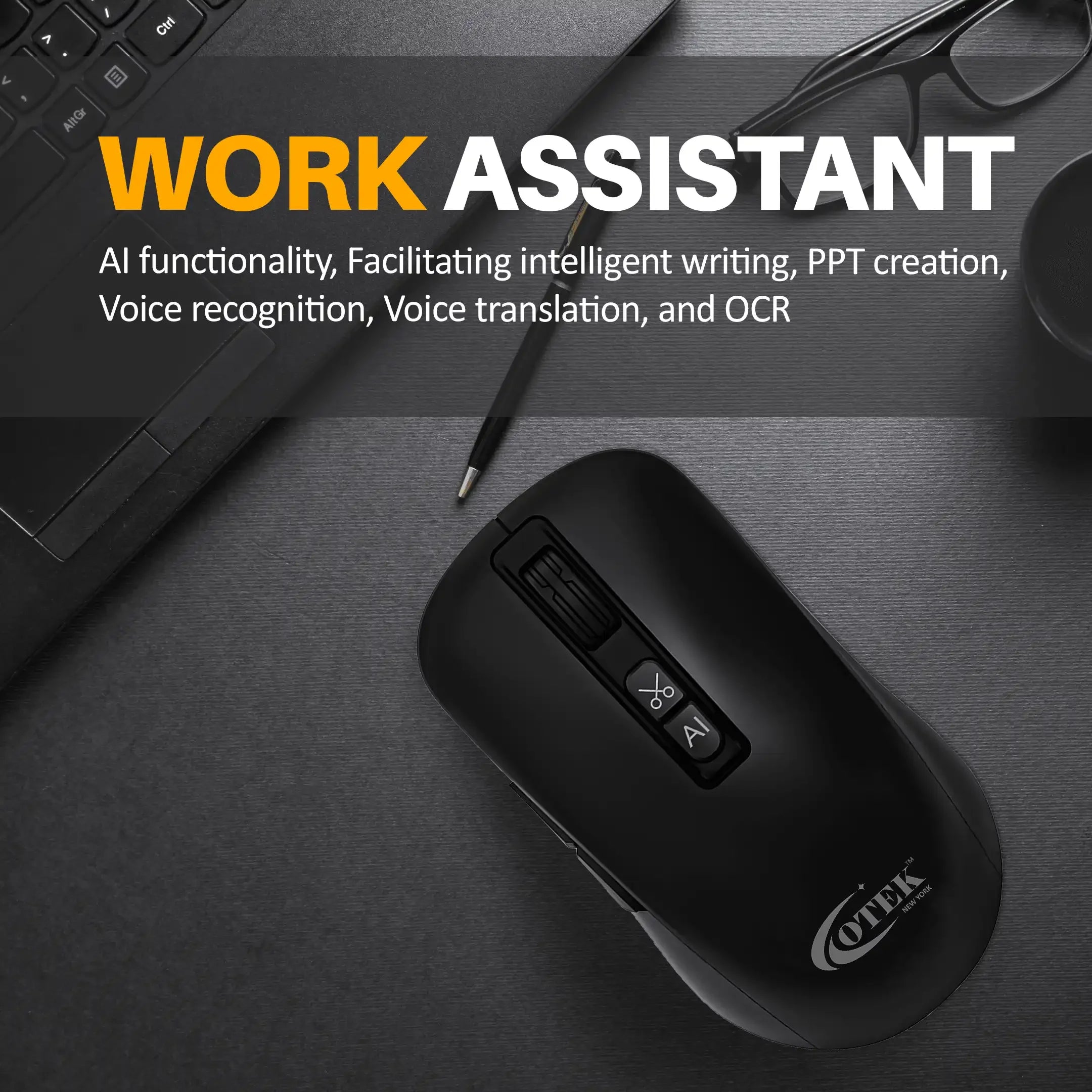 Otek World BM09 AI Mouse featuring a modern sleek design and cutting-edge voice recognition technology.
