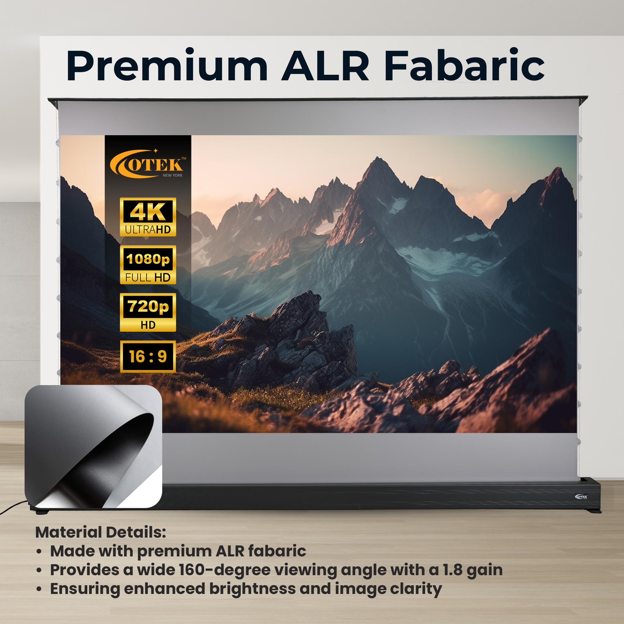 Otek World FR100 floor rising projector screen with remote control for effortless operation.