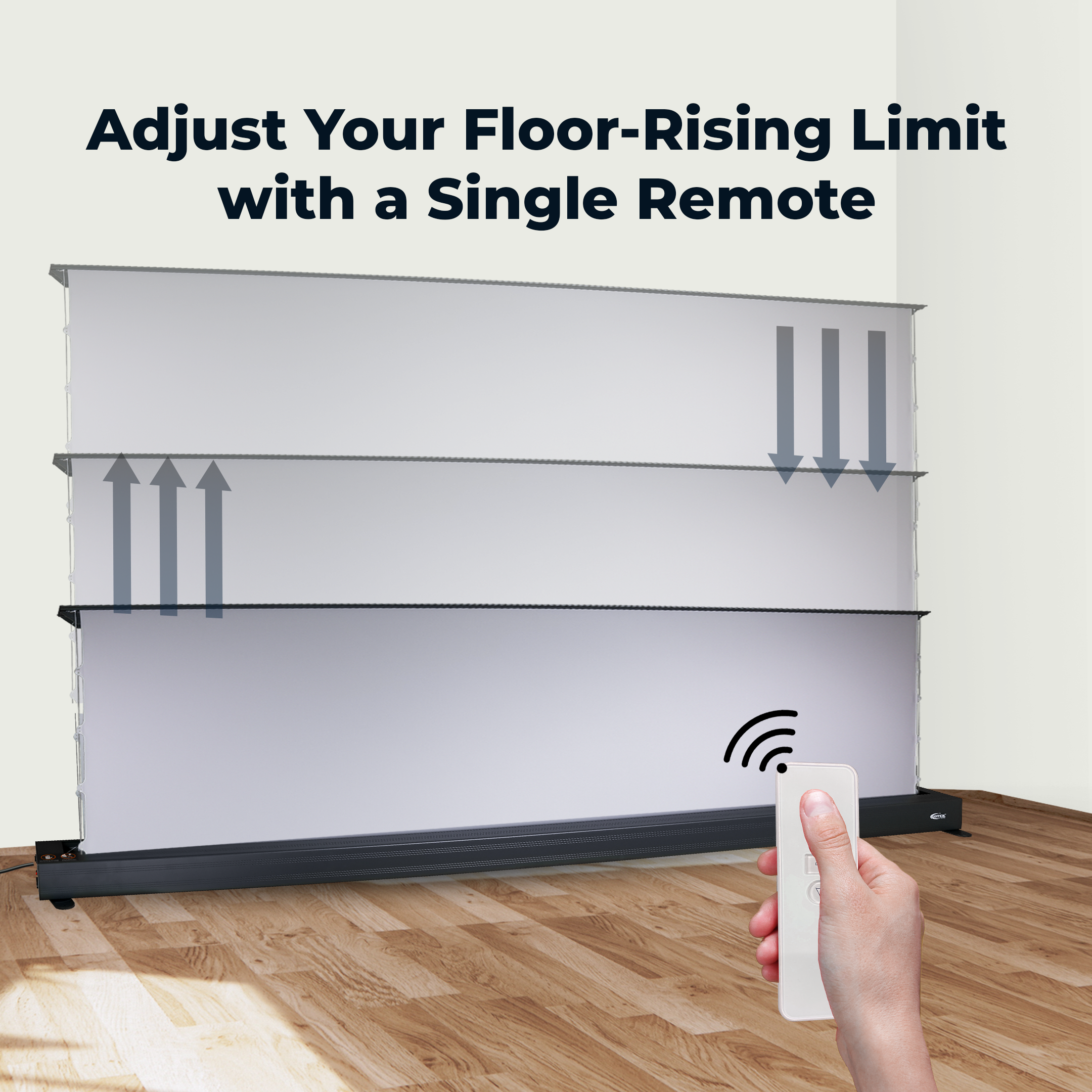 CineCast Floor Rising FR100 screen offering 16:9 format and ALR fabric for vivid projection clarity.