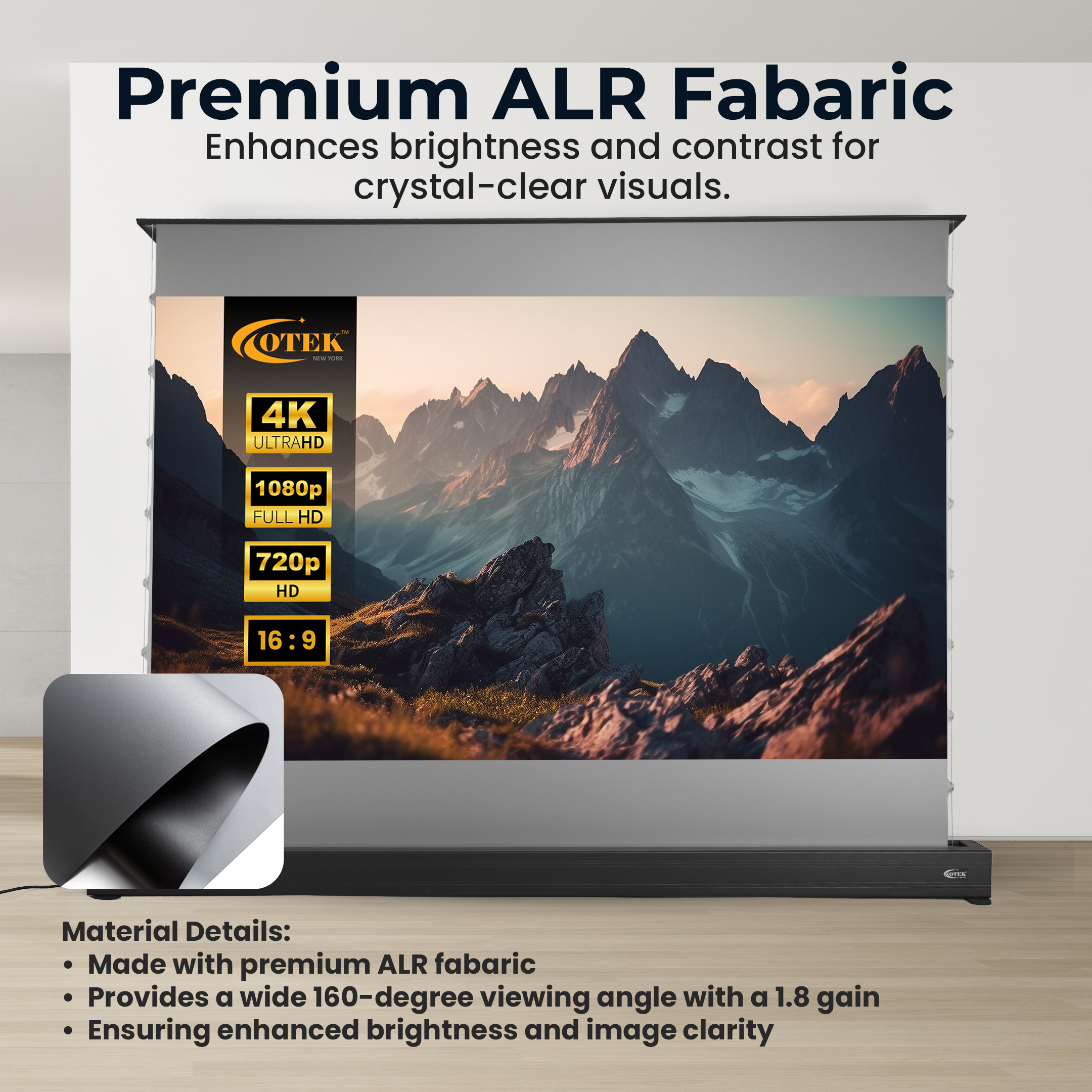 Otek World M100 projector screen with wall and ceiling mount options for versatile installation.