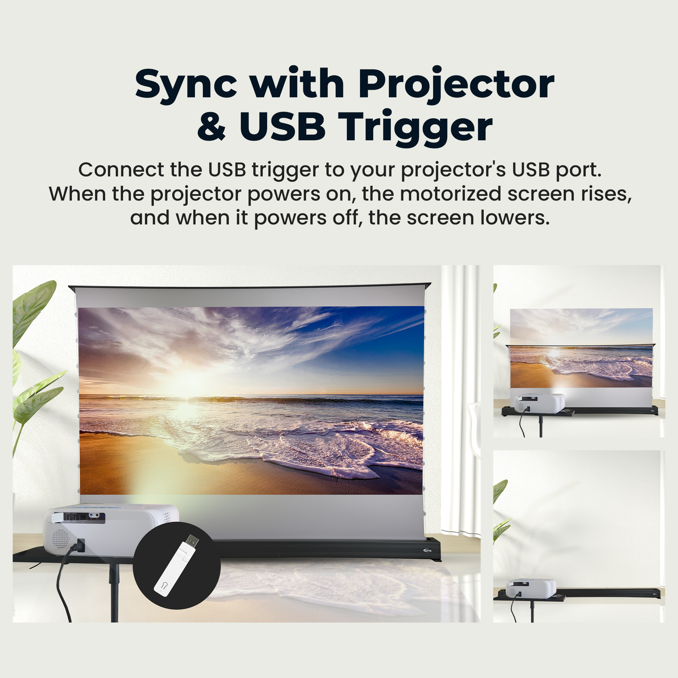 Otek World FR84 floor rising projector screen with remote control for easy and convenient operation.