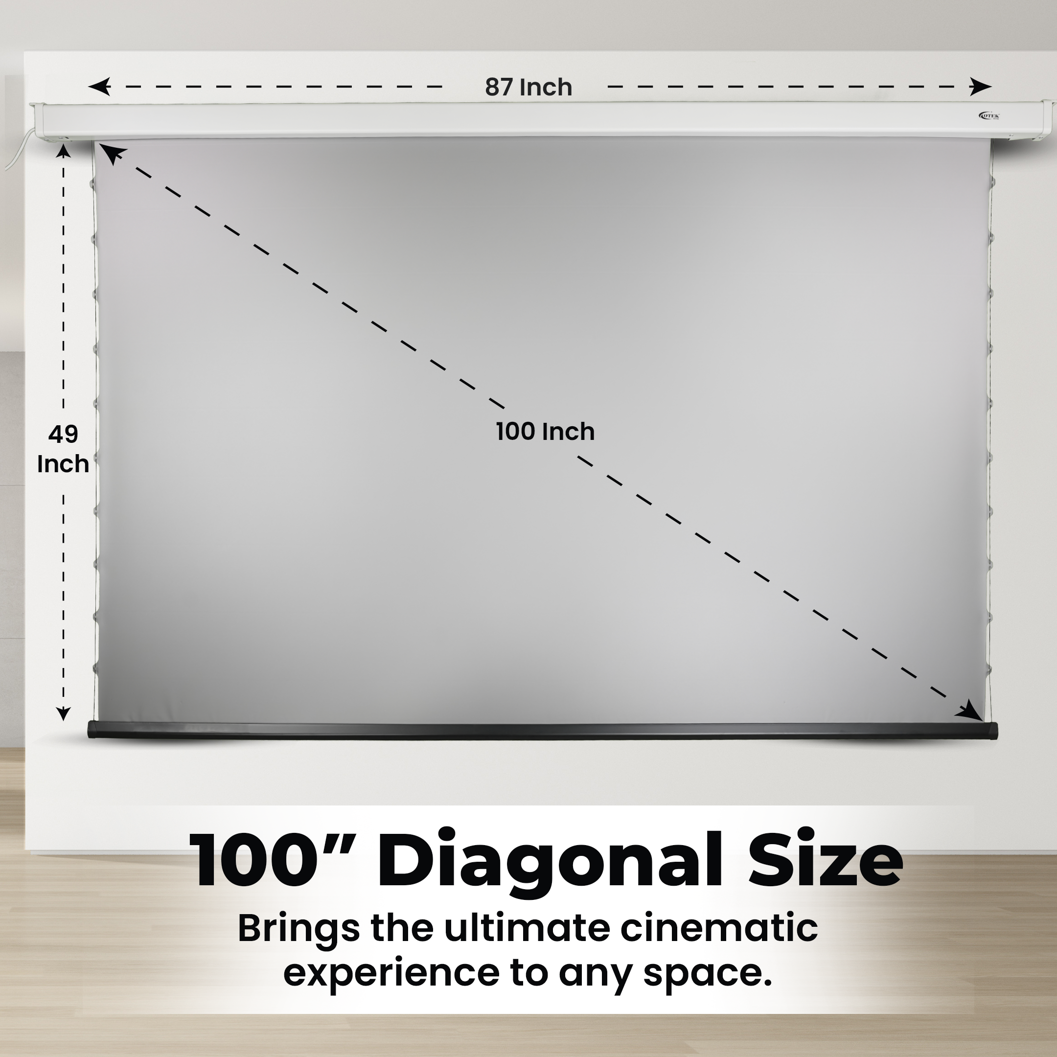 CineCast M100 motorised projector screen featuring silent 25W motor and premium ALR fabric with 1.8 gain.