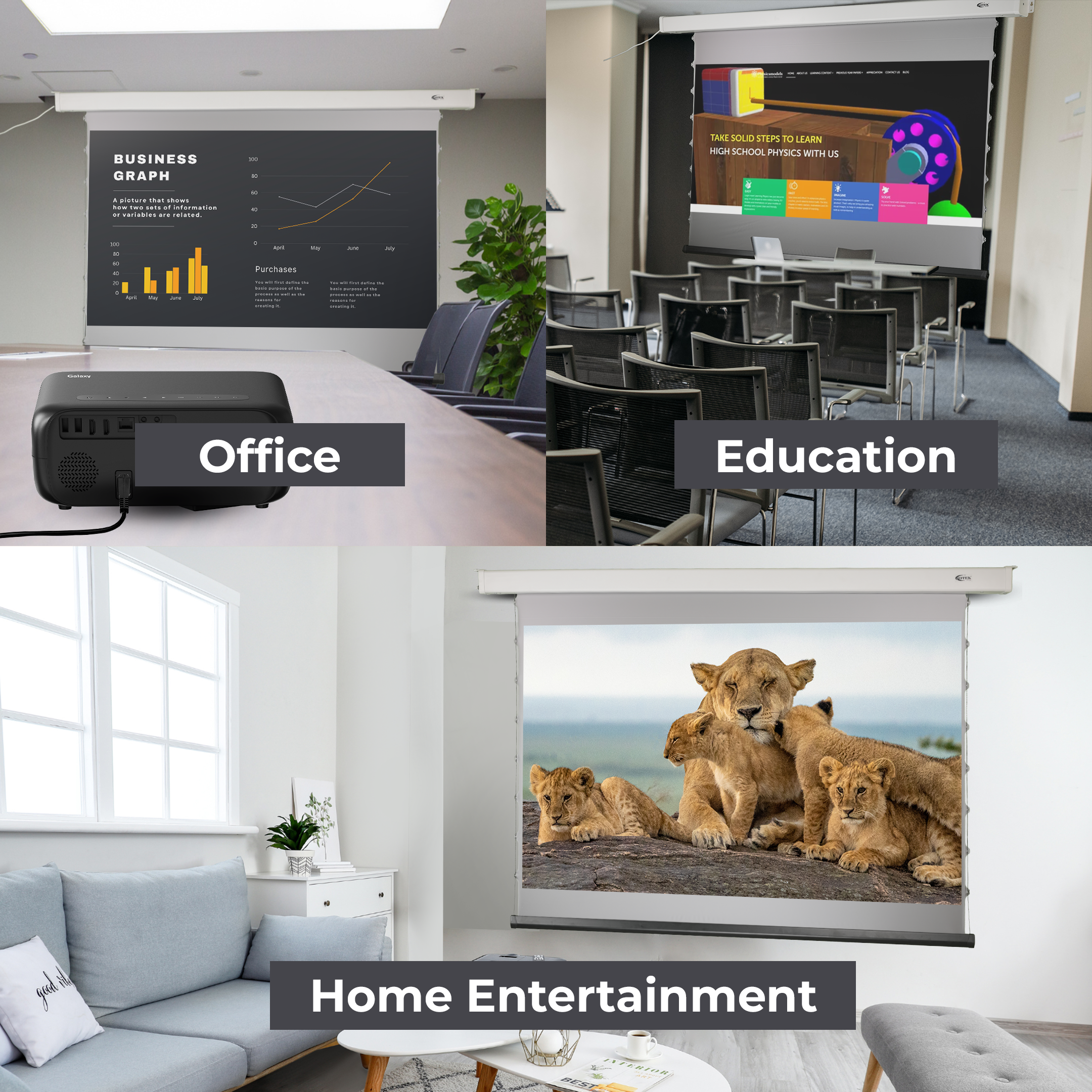 Motorised projector screen M65 with 16:9 aspect ratio and anti-angular ALR technology by Otek World.
