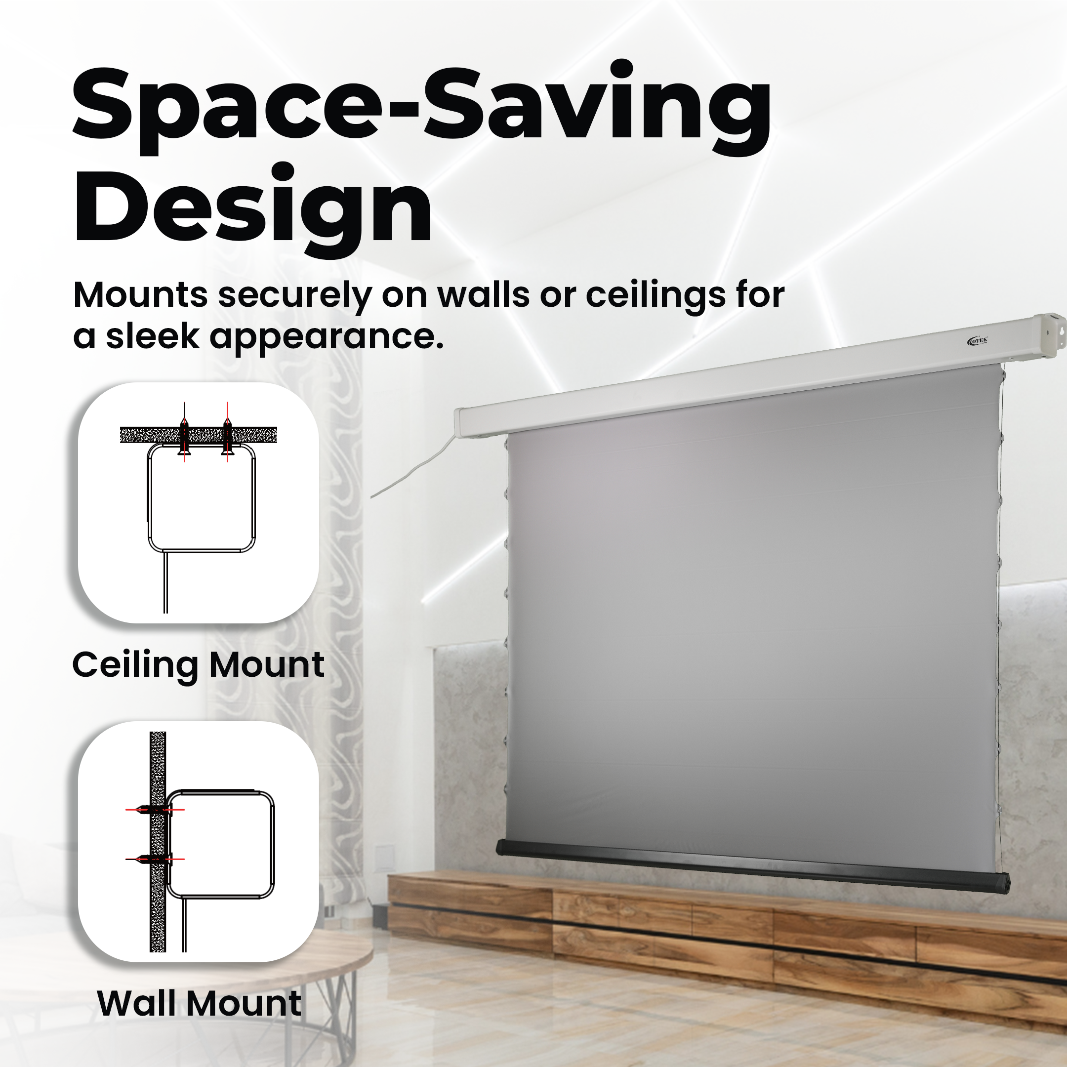 Otek World M80 projector screen with motorized wall mount design for seamless installation.