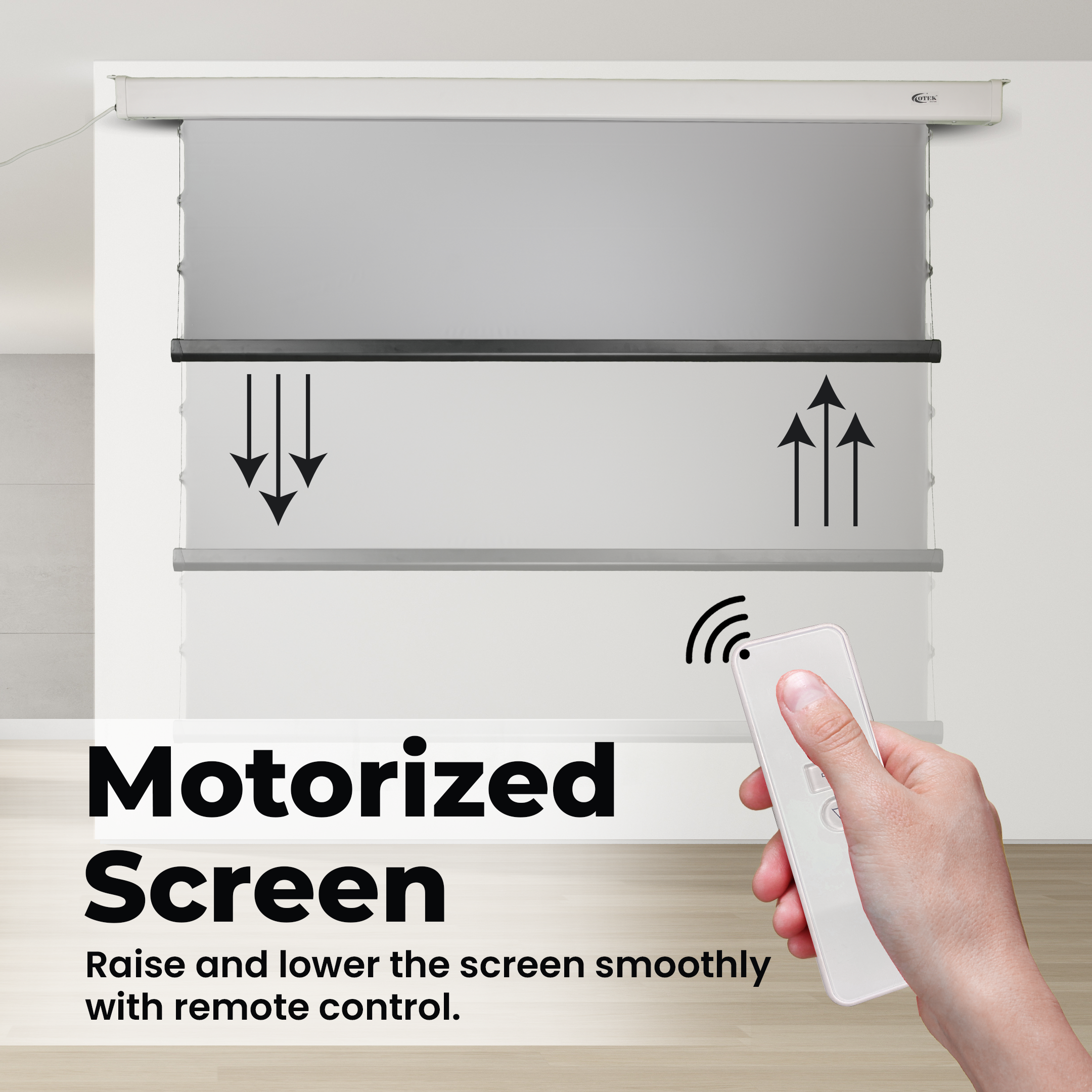 Otek World CineCast 16:9 motorized projector screen, wall-mounted for home cinema