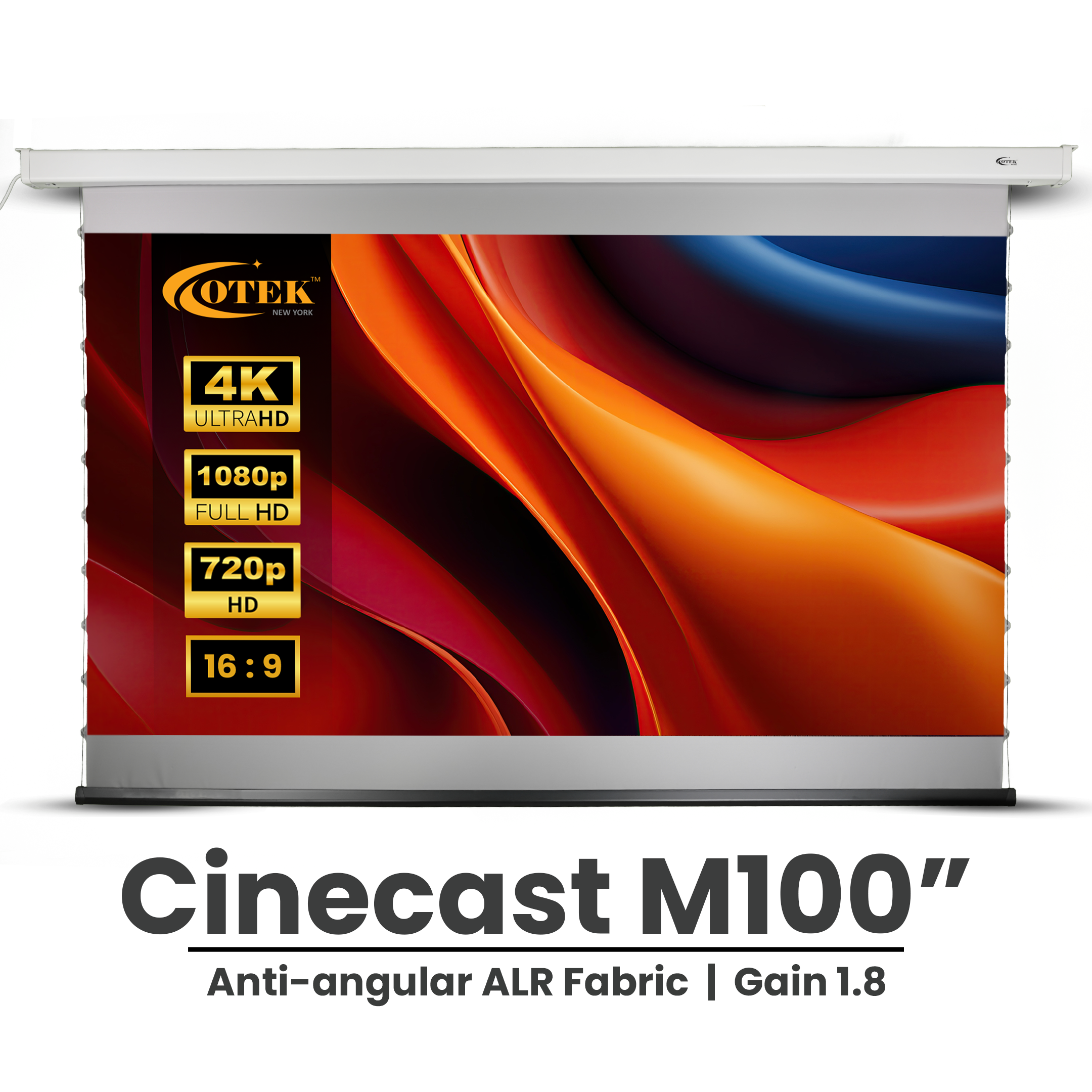 Otek World CineCast Motorised M100 projector screen with 100-inch 16:9 Ultra HD display for home theaters.