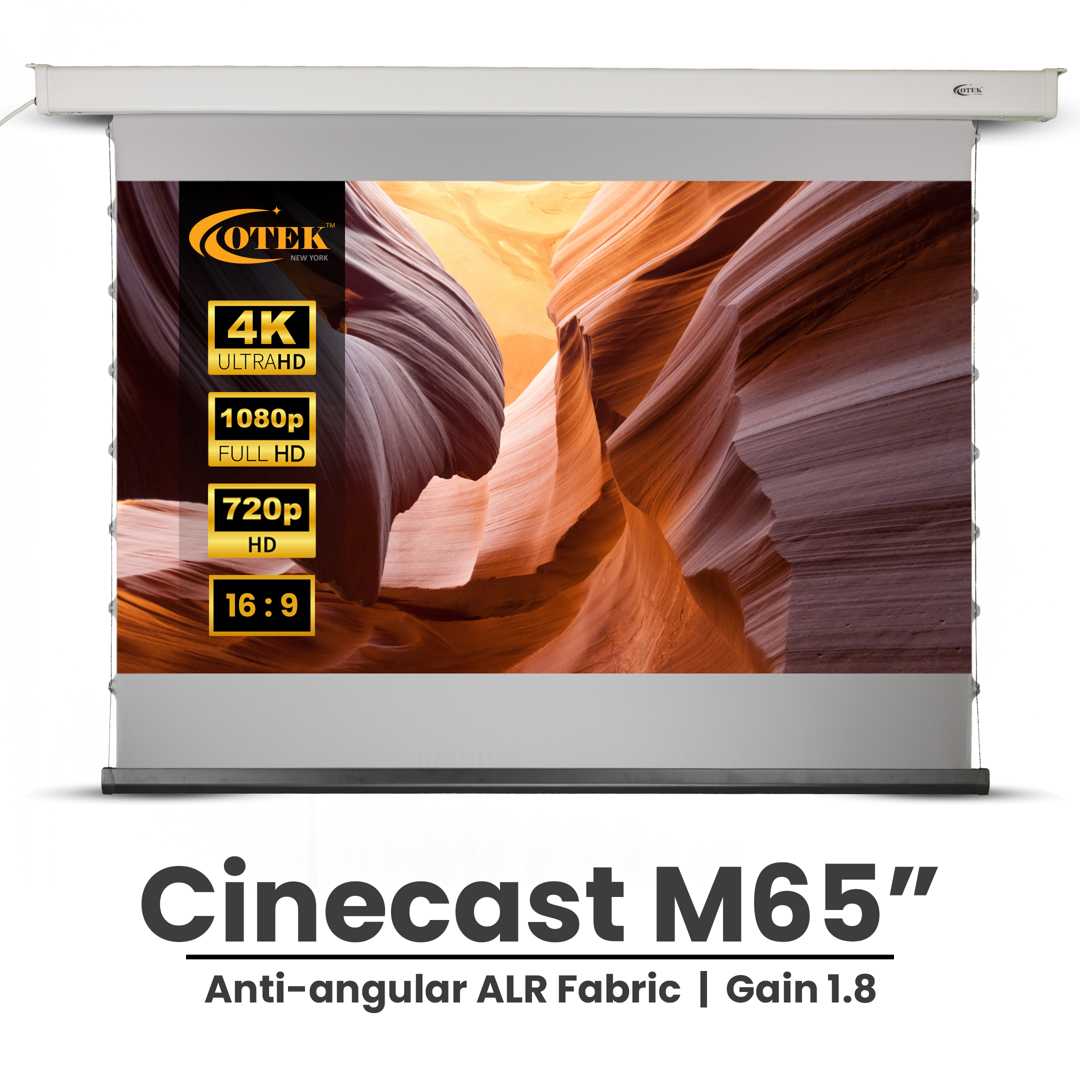 Otek World CineCast Motorised M65 projector screen with 65-inch 16:9 aspect ratio for compact home theaters.