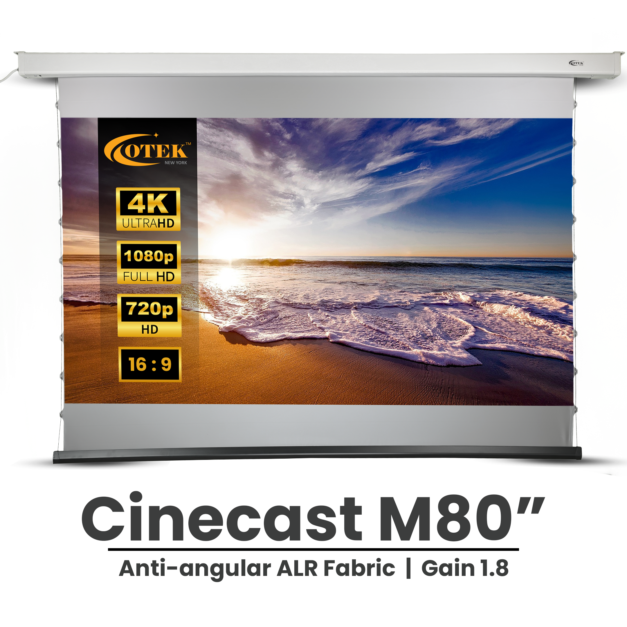 Otek World CineCast Motorised M80 projector screen with 80-inch 16:9 display for immersive home theaters.