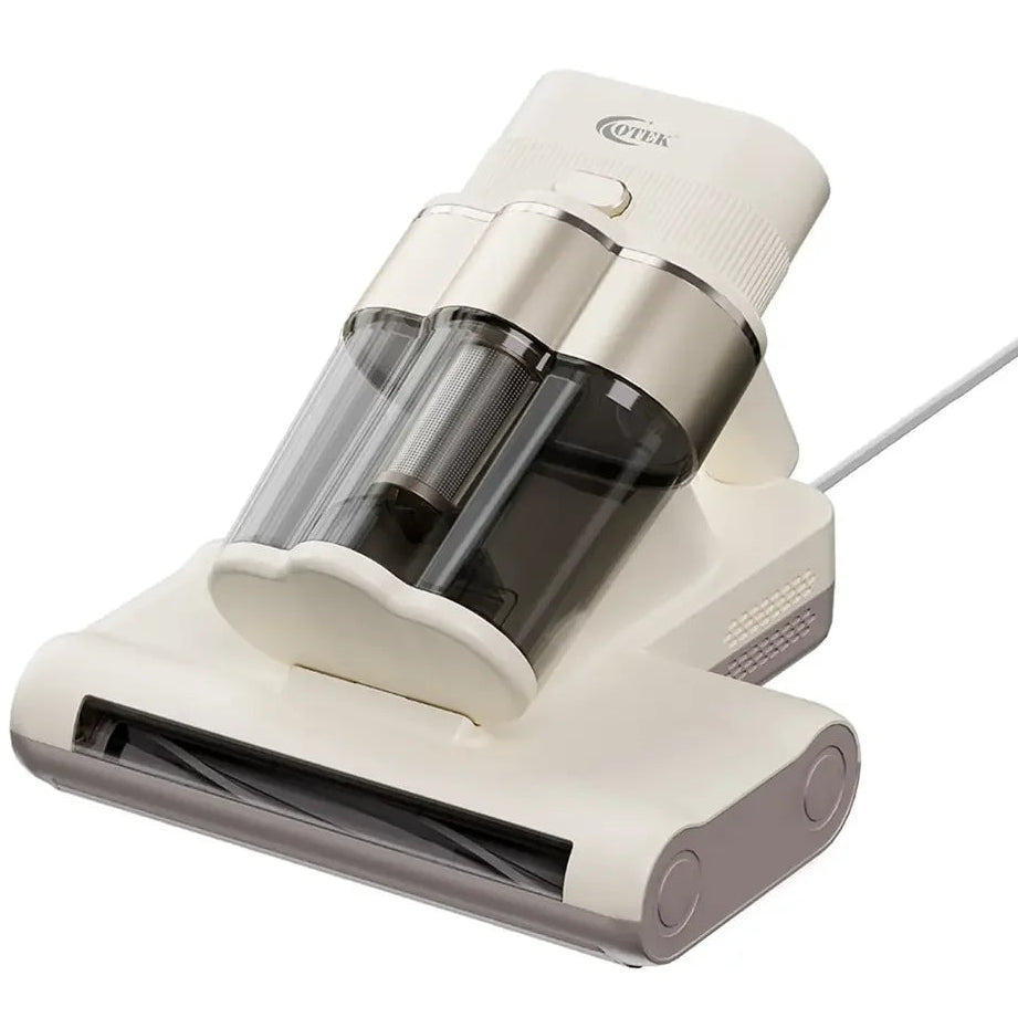 Corded handheld vacuum cleaner with transparent dust container on white background