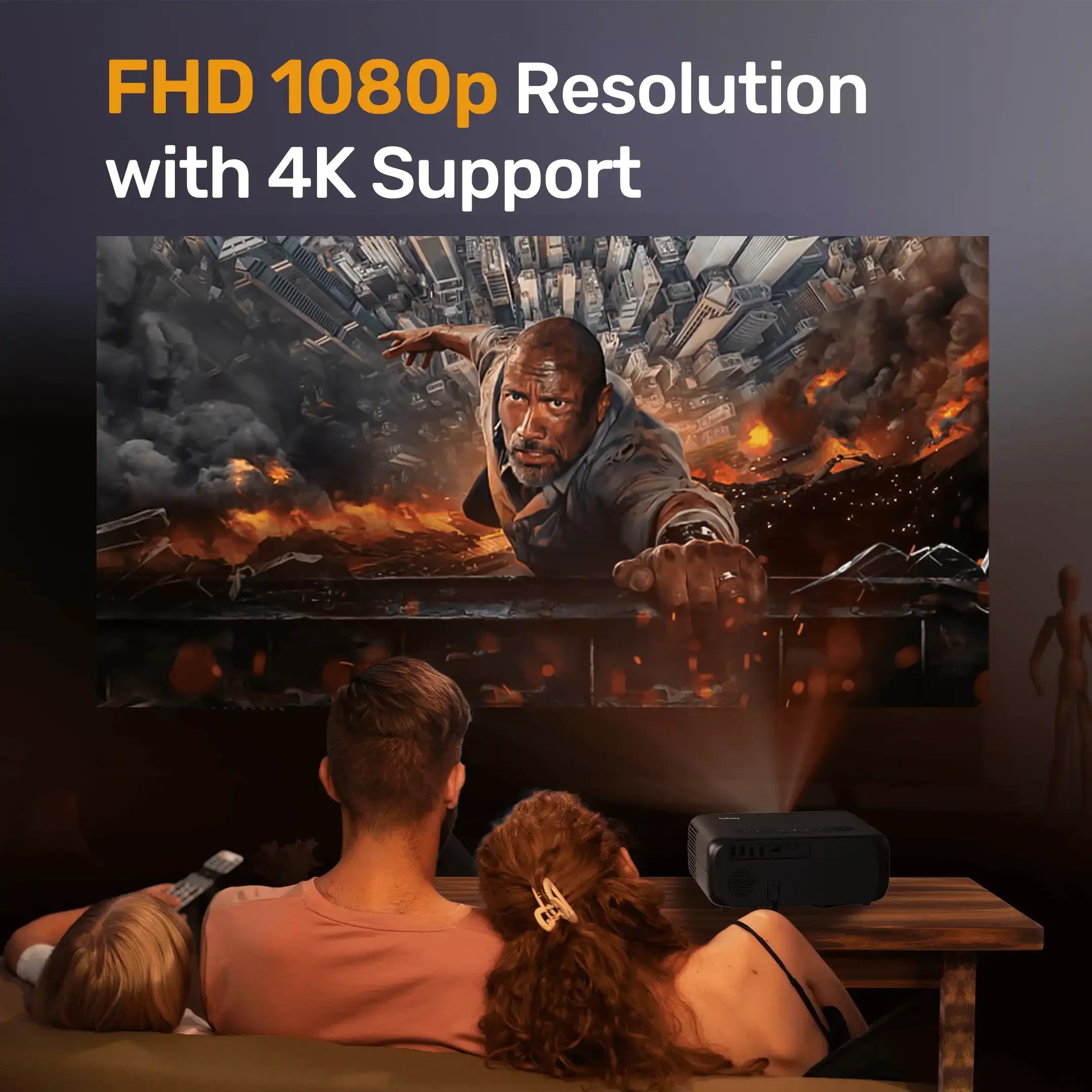 Otek World Galaxy Smart Projector in black, featuring 250-inch display and auto-focus functionality.