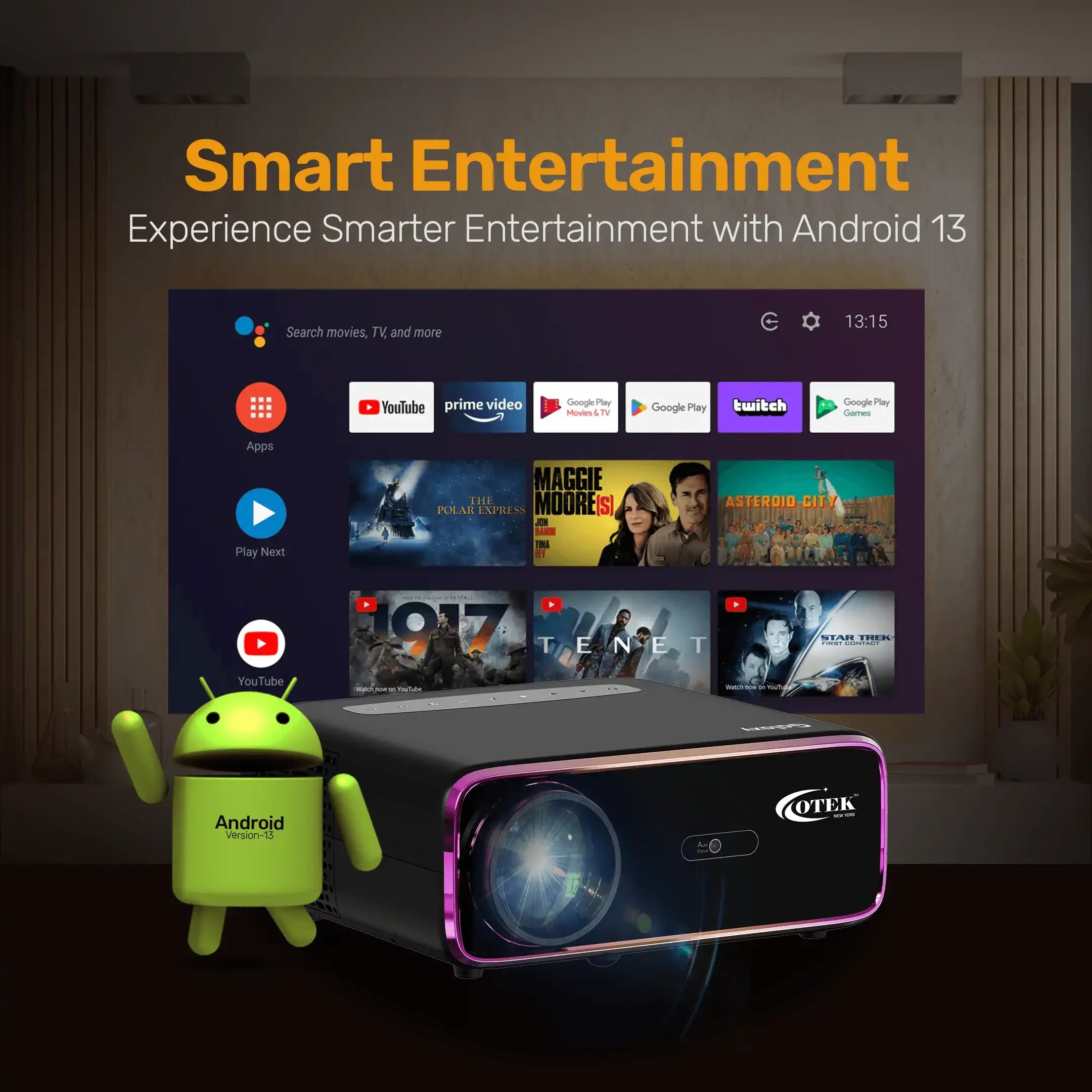 Otek World Galaxy Smart FHD Projector with 2GB RAM, 32GB storage, and rich 5W speakers for exceptional sound.