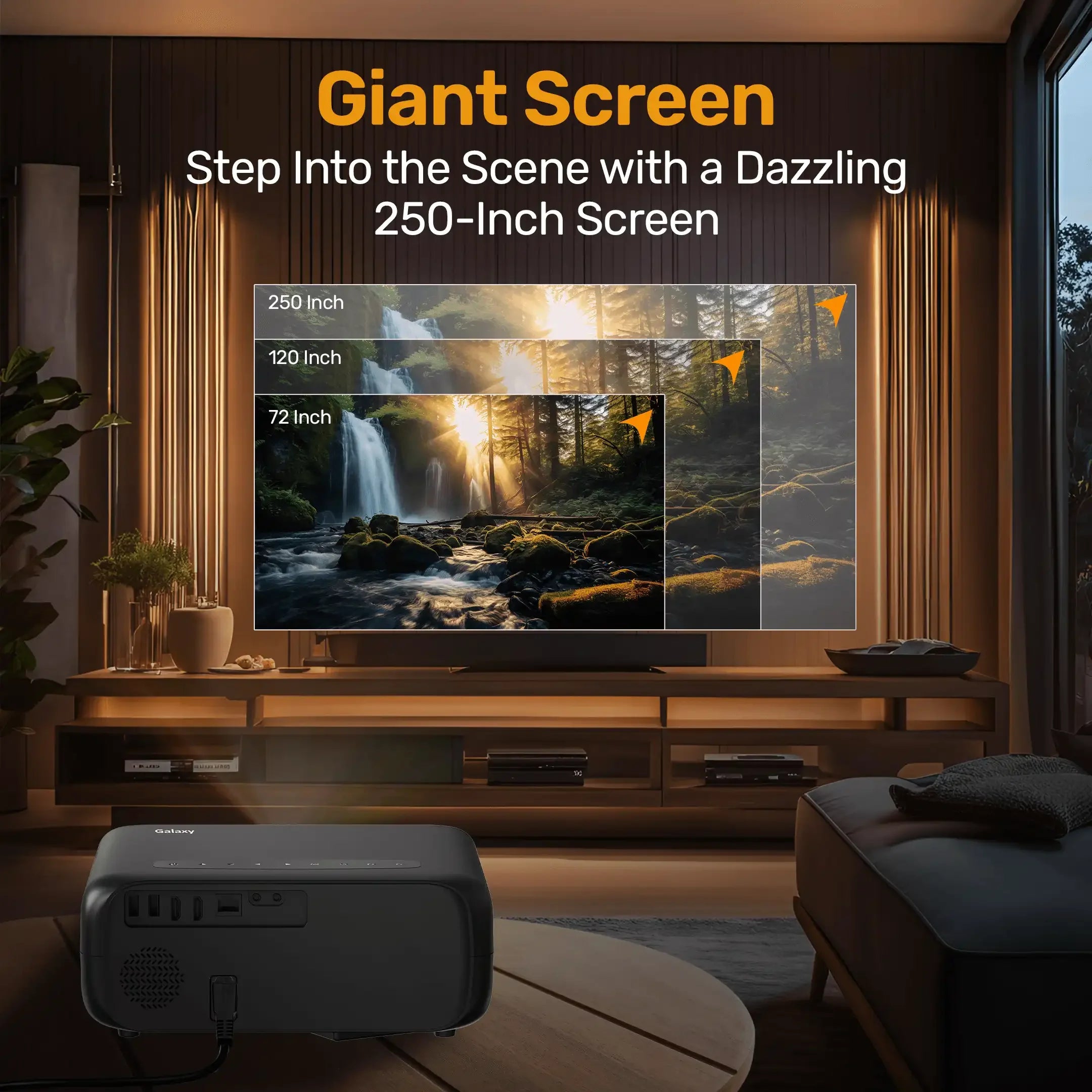 Galaxy Smart FHD Projector in black, offering 4K compatibility, auto keystone, and versatile inputs for schools.