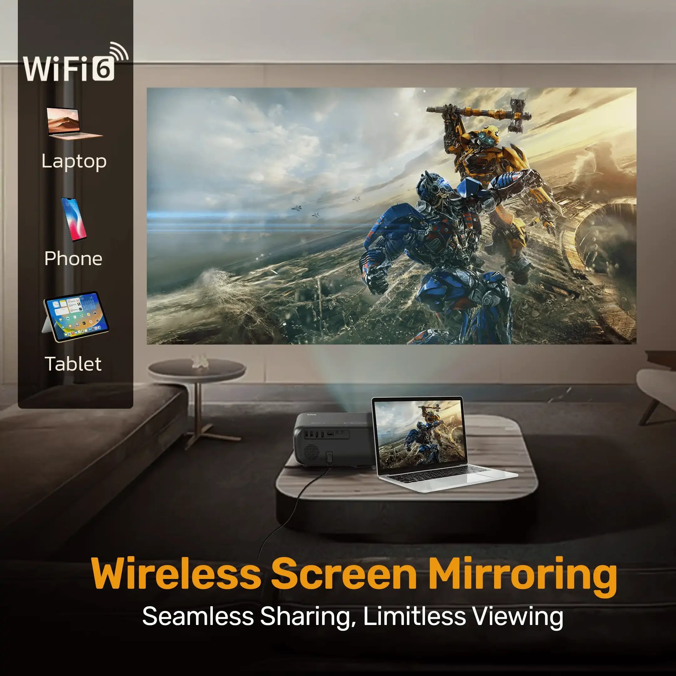 Galaxy Smart Projector by Otek World in black, featuring USB, HDMI, and AV inputs for diverse applications.