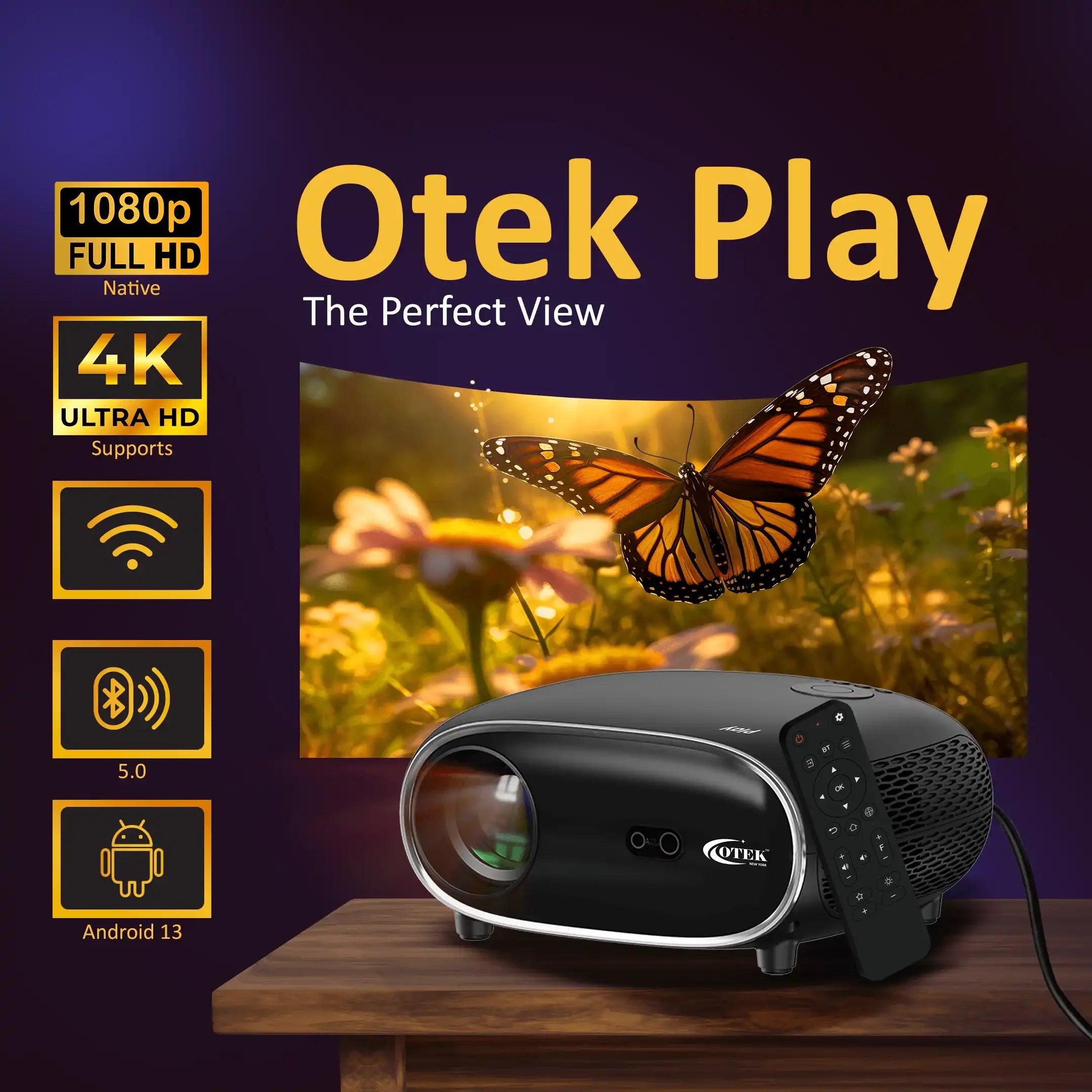 Black Play Smart FHD Projector featuring 2GB RAM, 32GB ROM, and immersive 5W speakers for a premium experience.