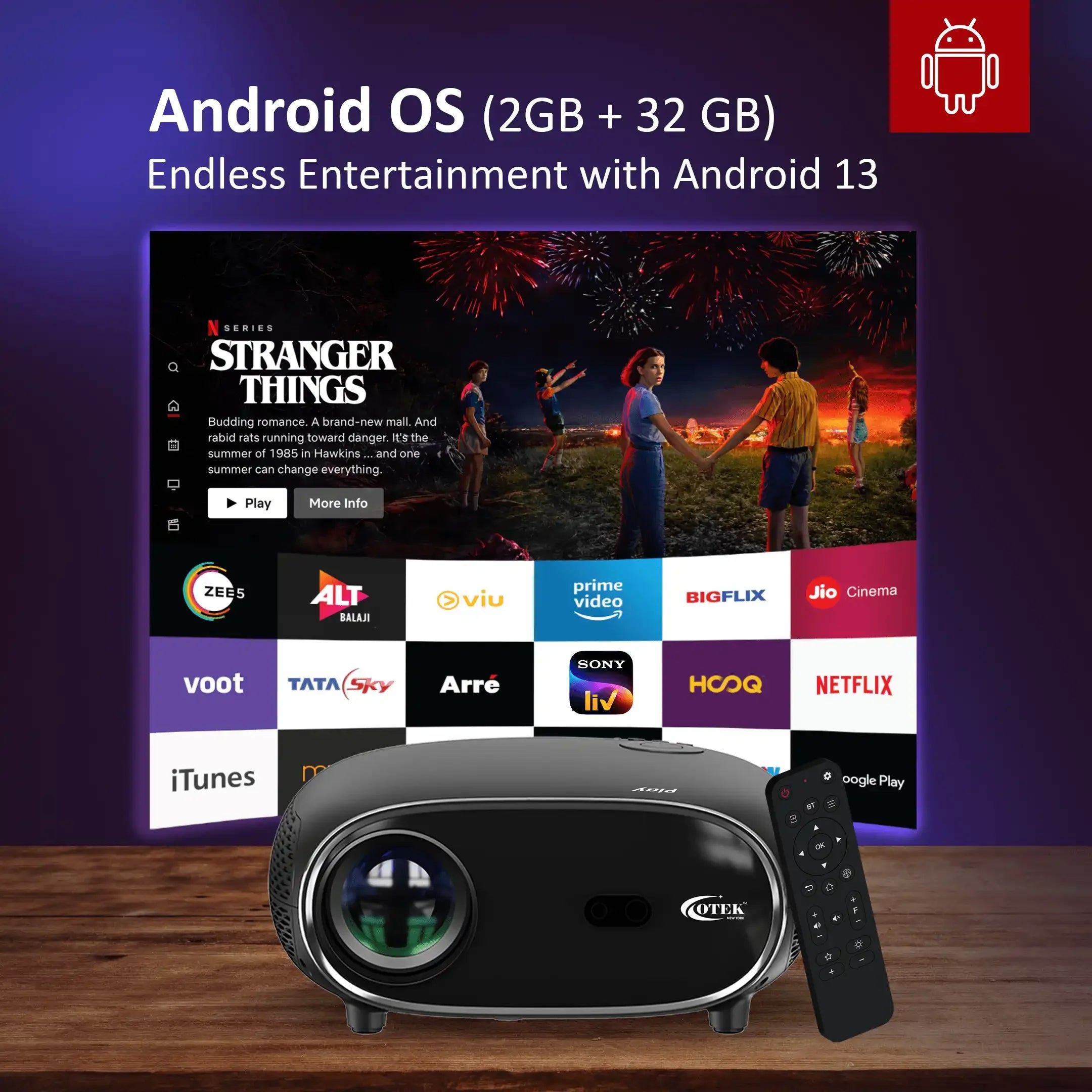 Otek World Play Smart FHD Projector for offices, offering 1080P clarity, 4K compatibility, and a large display.