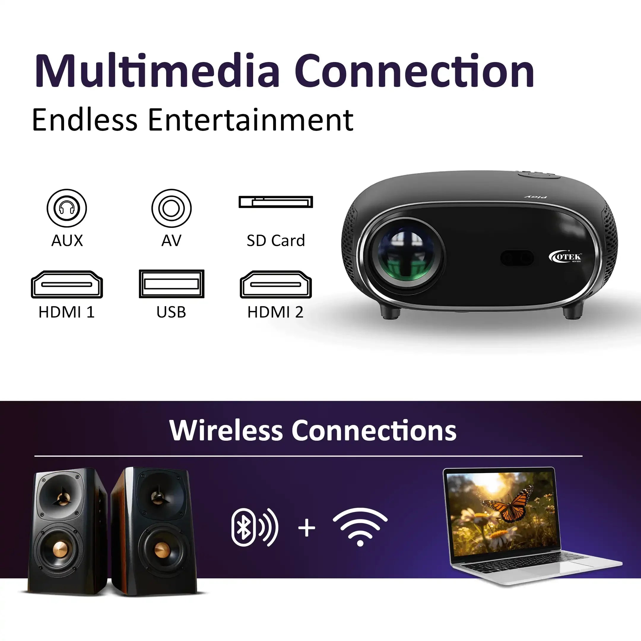 Otek World Play Smart FHD Projector in black, delivering sharp 1080P visuals and seamless 4K support for all your entertainment needs.