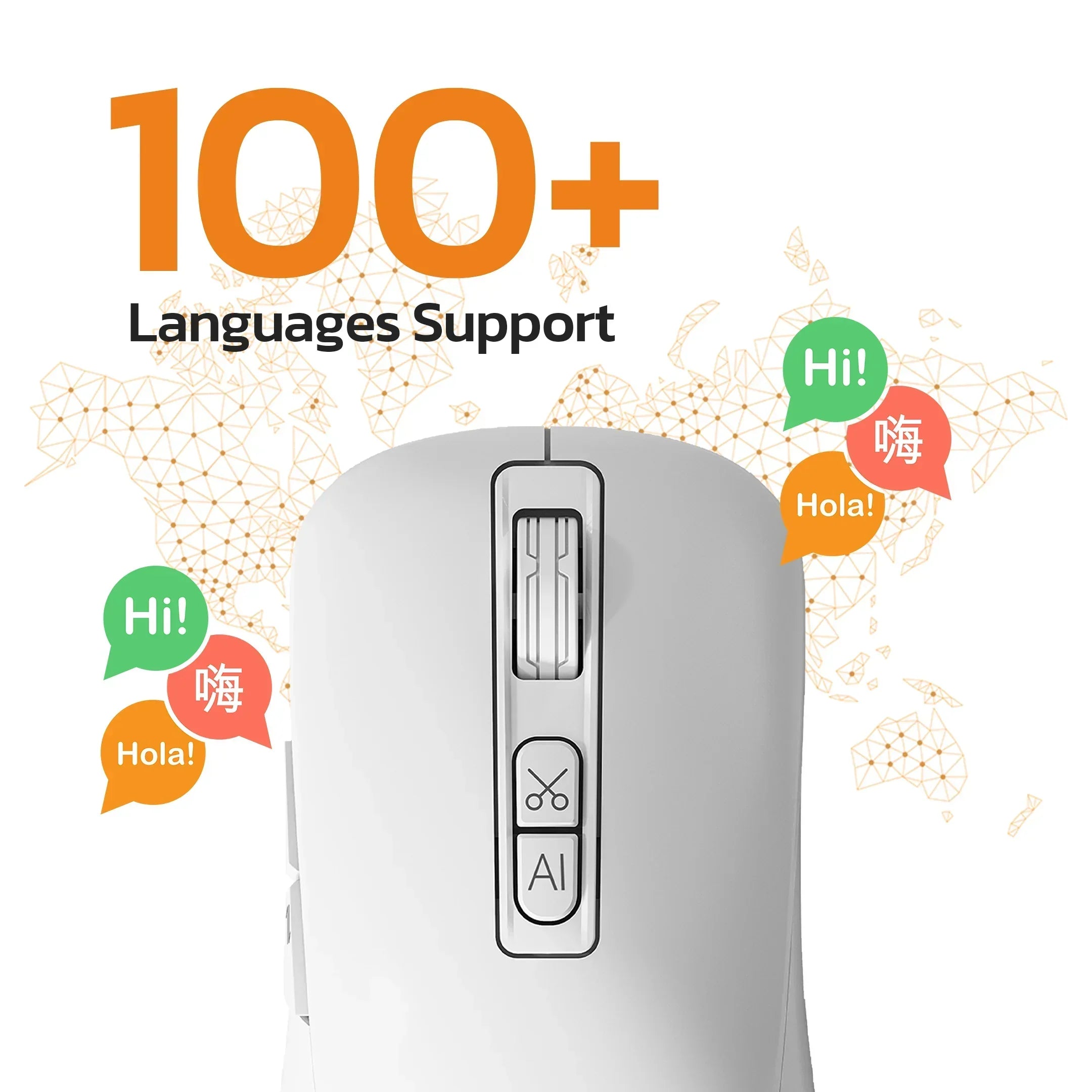 White AI smart mouse with language support buttons, text '100+ languages support', speech bubbles saying 'Hi', 'Hola', over a world map background.