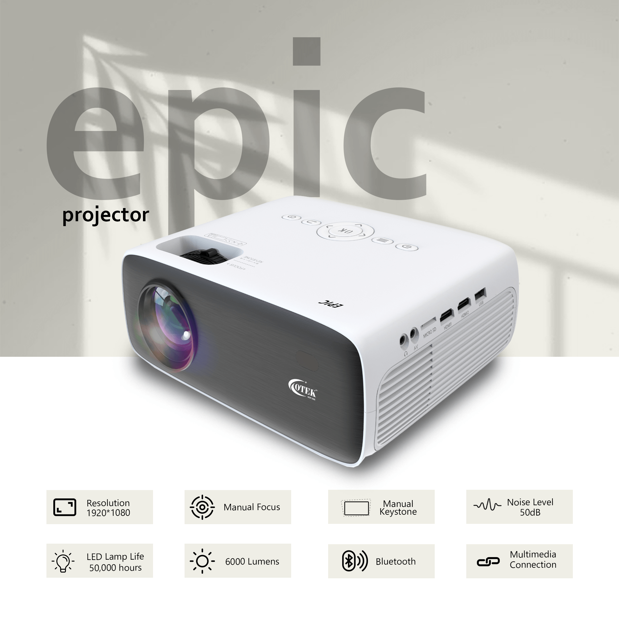 Otek World FHD Projector with built-in WiFi, Bluetooth, and 5W bass speakers for an enhanced experience.