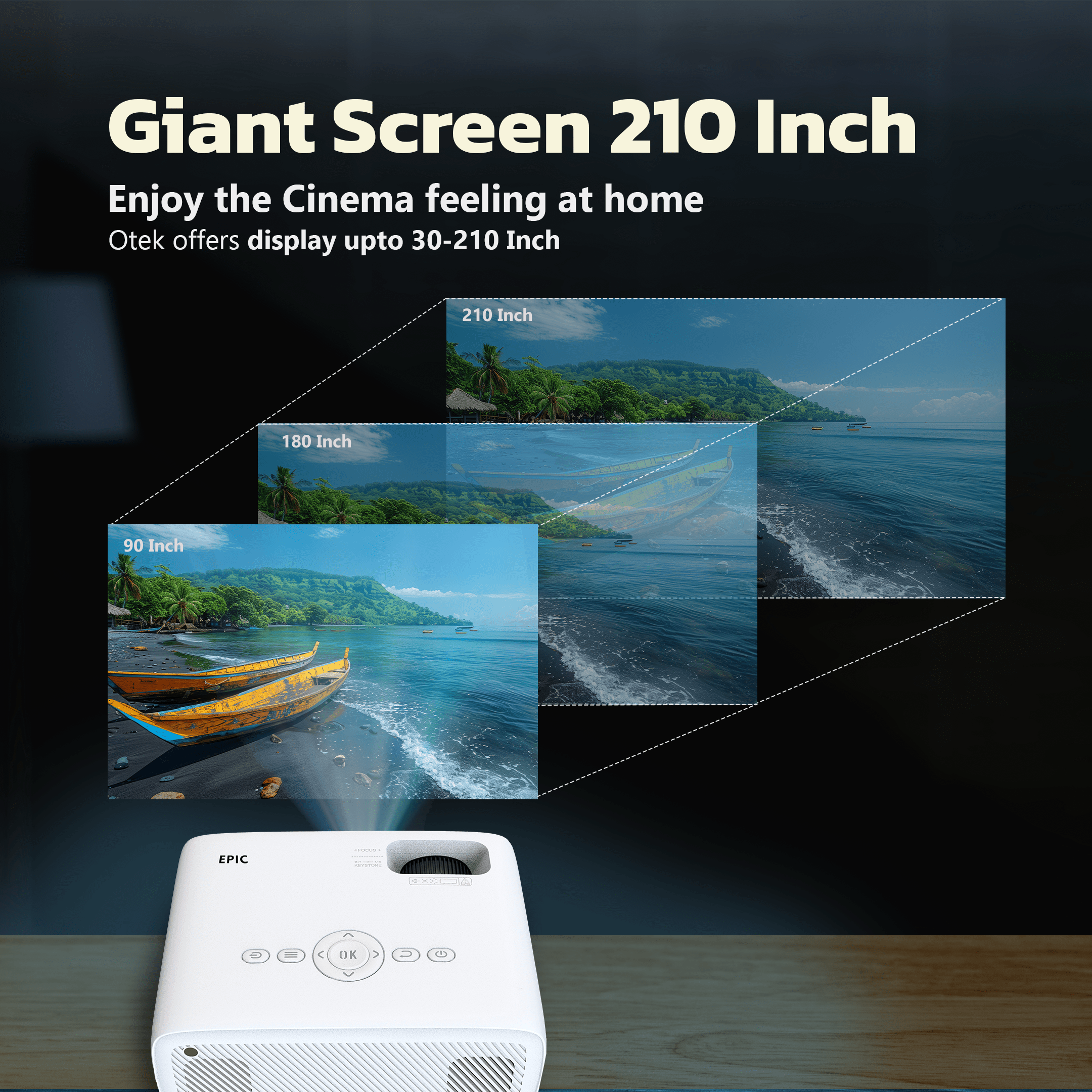 Otek World Epic Smart Projector designed for movies, gaming, and presentations with Full HD clarity.