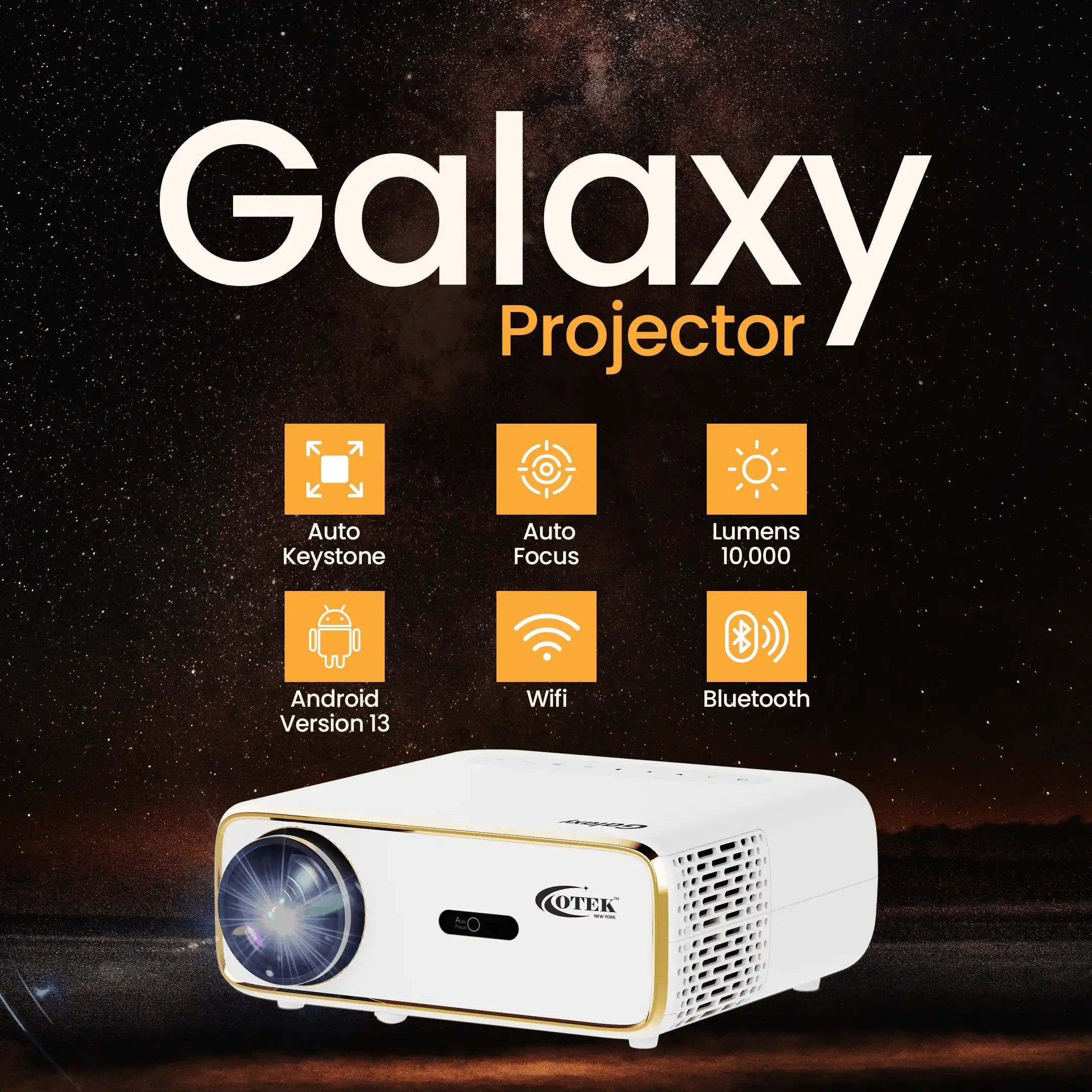 Smart FHD Projector with Android 13, WiFi 6, and Bluetooth connectivity, perfect for office presentations.