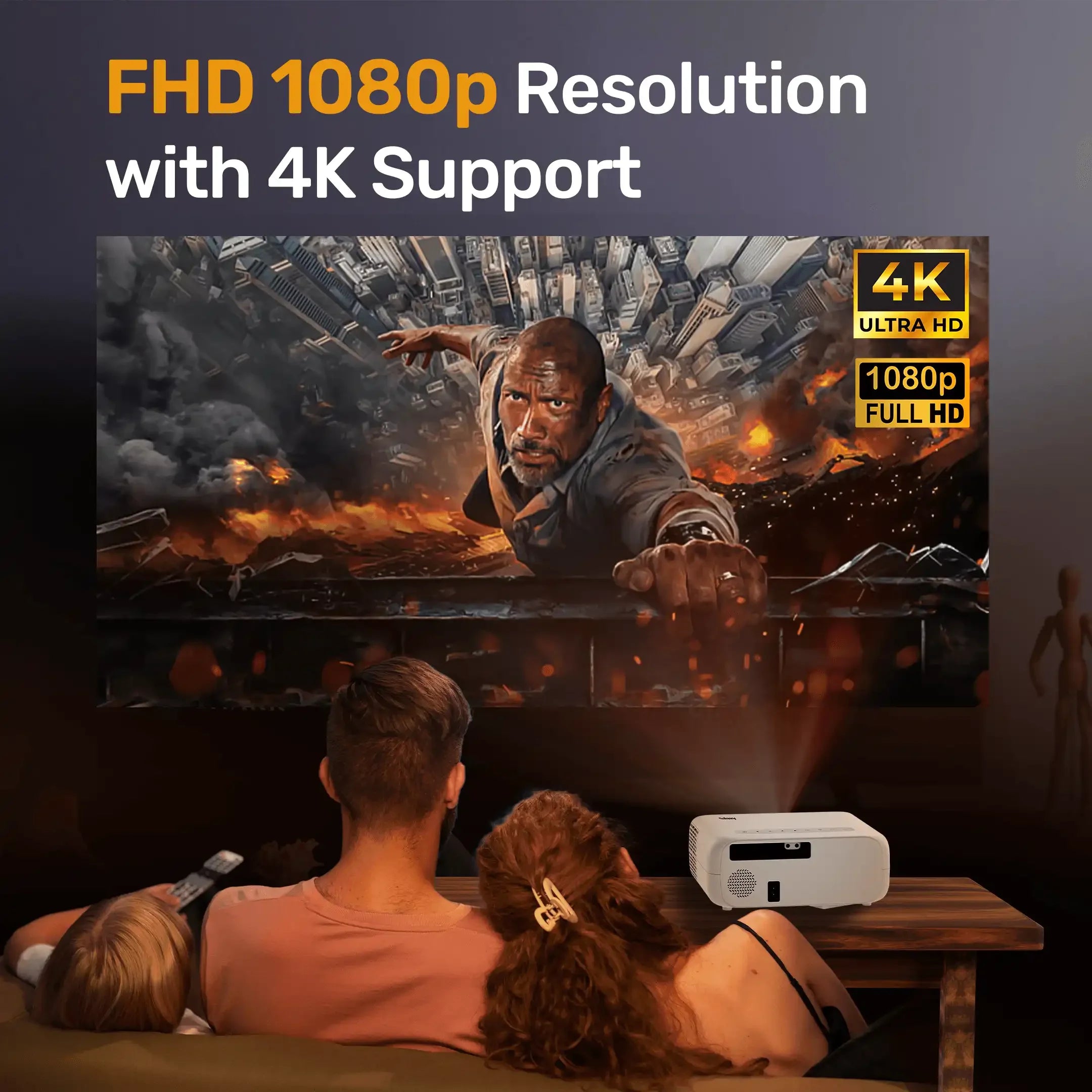 Otek World Galaxy Smart Projector in white and black with 250-inch display and auto-focus technology."