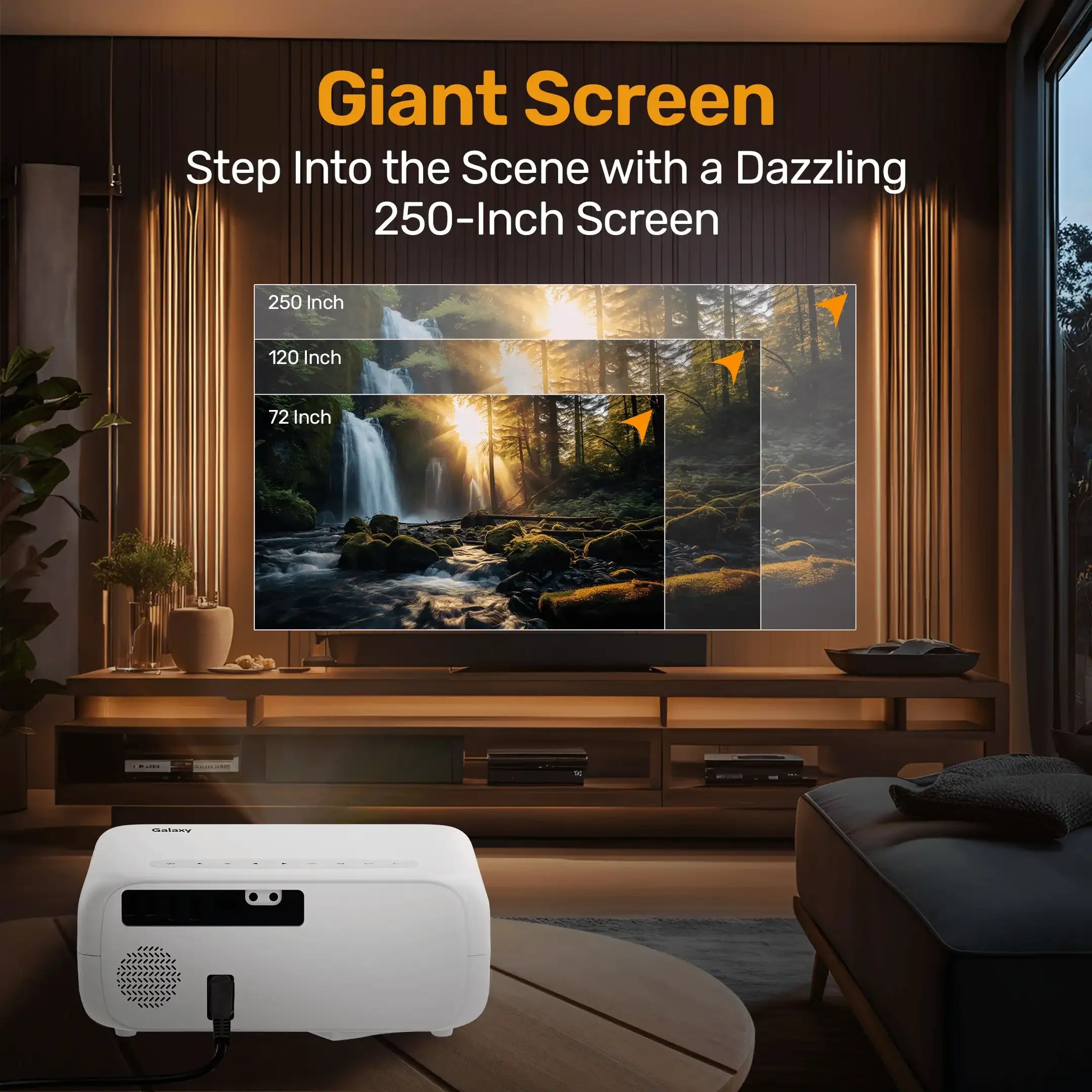 Galaxy Smart FHD Projector supporting 4K visuals and auto keystone, tailored for schools and business use.