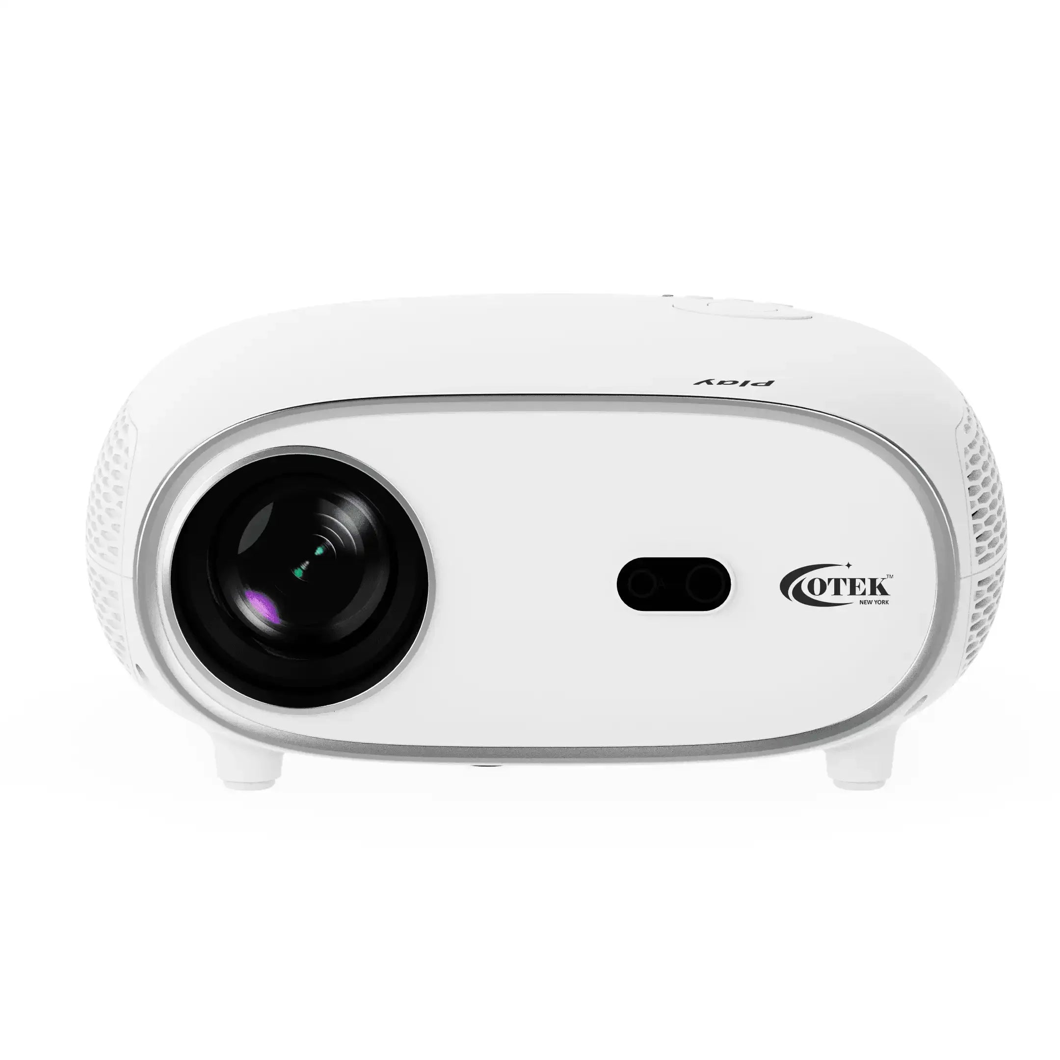 Otek World Play Smart FHD Projector in white, ideal for home theaters with 1080p FHD and 4K support.