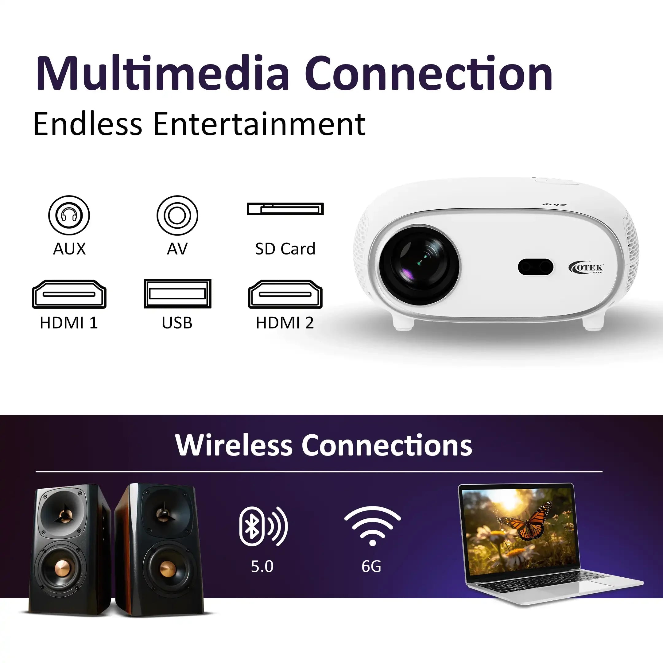White Play Smart FHD Projector by Otek World, tailored for schools with high brightness and advanced functionality.