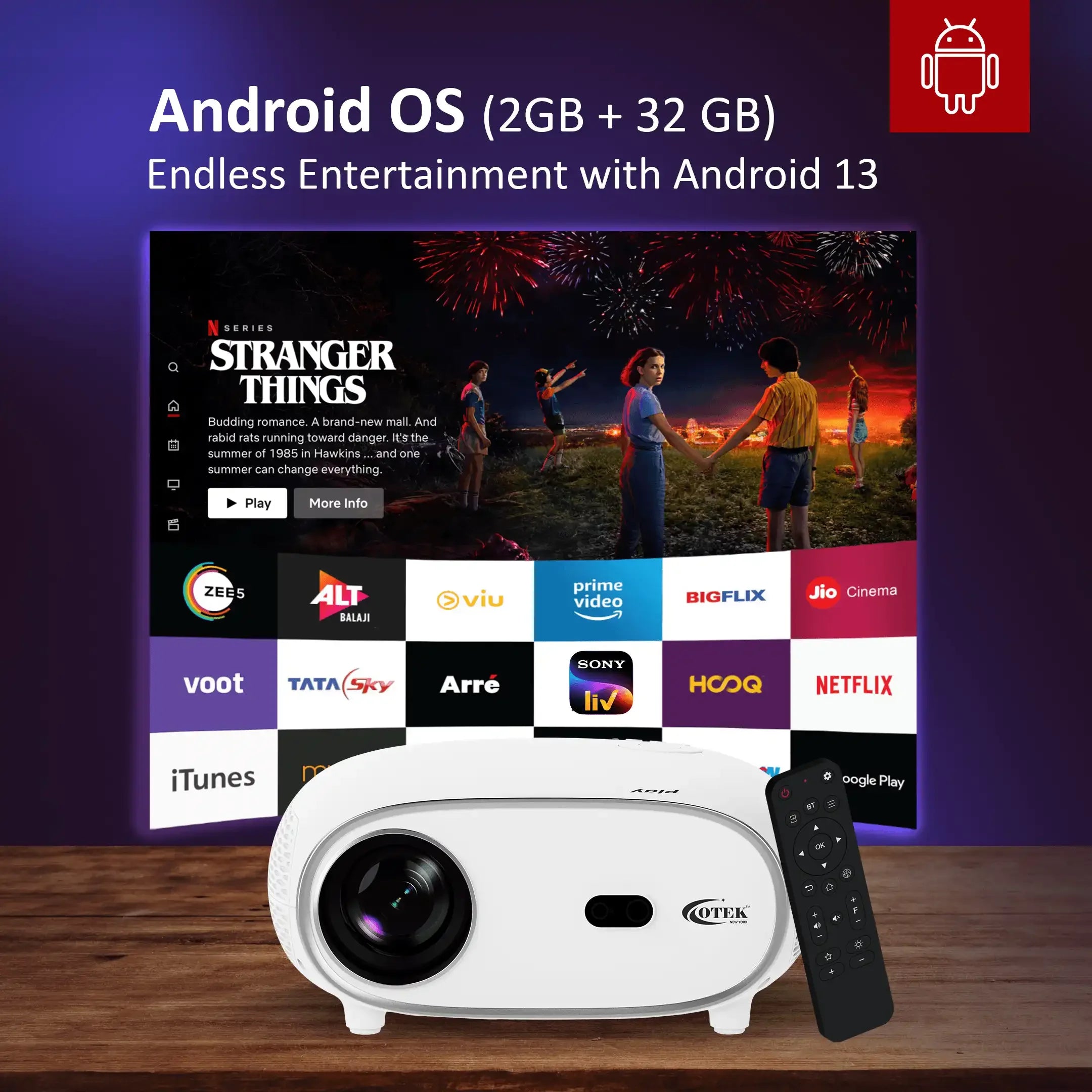 Otek World Play Smart FHD Projector in sleek white, designed for vibrant 1080p visuals and 4K support in any setting.