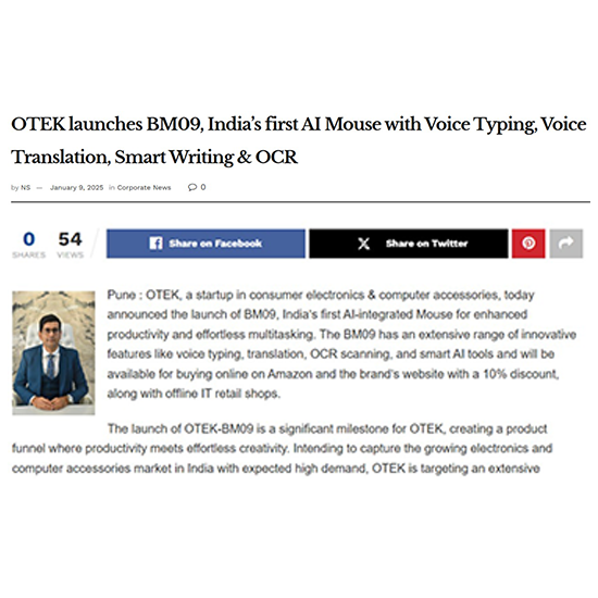 The Otek World AI Mouse BM09 on a desk, next to a document, illustrating its OCR capability extracting text from the page